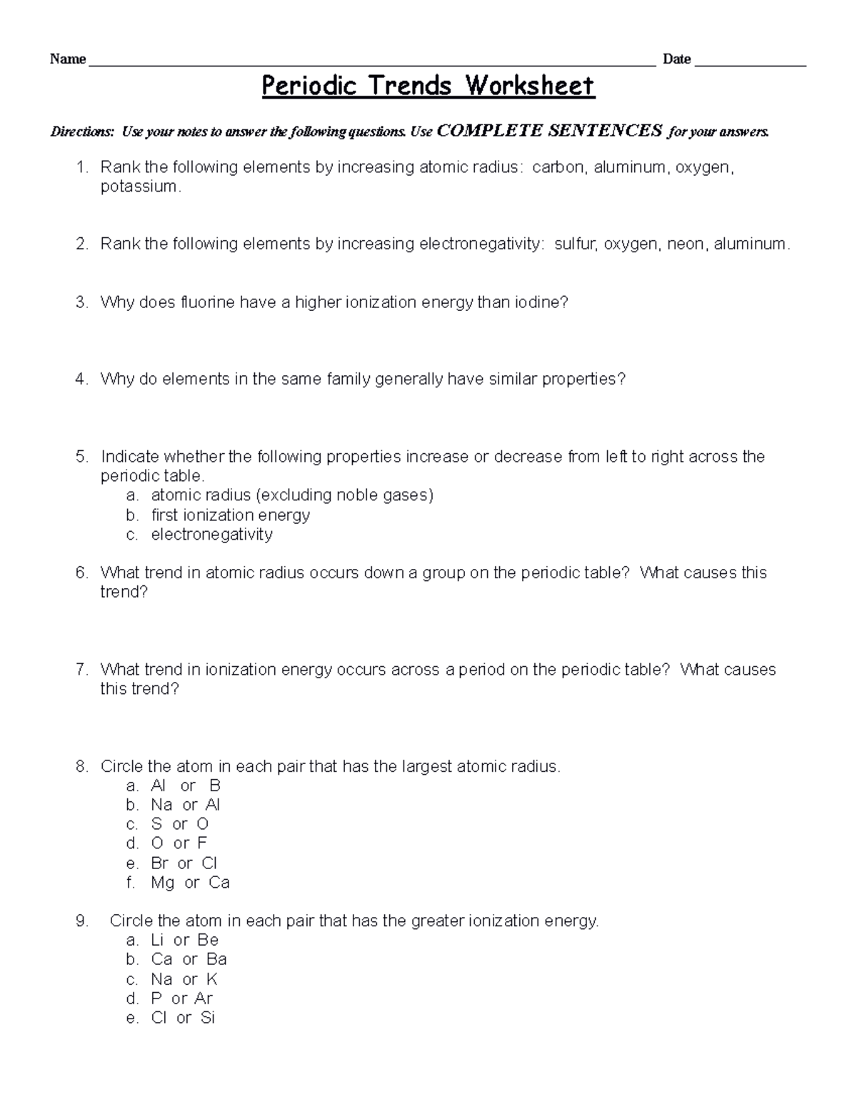 1 05 Periodic Trends Worksheet 1 Name Studocu