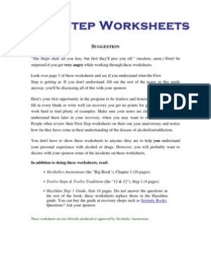 1 ST Step Worksheet PDF Alcoholics Anonymous Alcoholism 