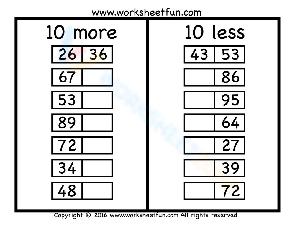 10 More 10 Less Counting Worksheet