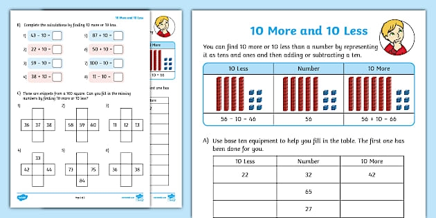 10 More And 10 Less Worksheet For Kids Twinkl USA