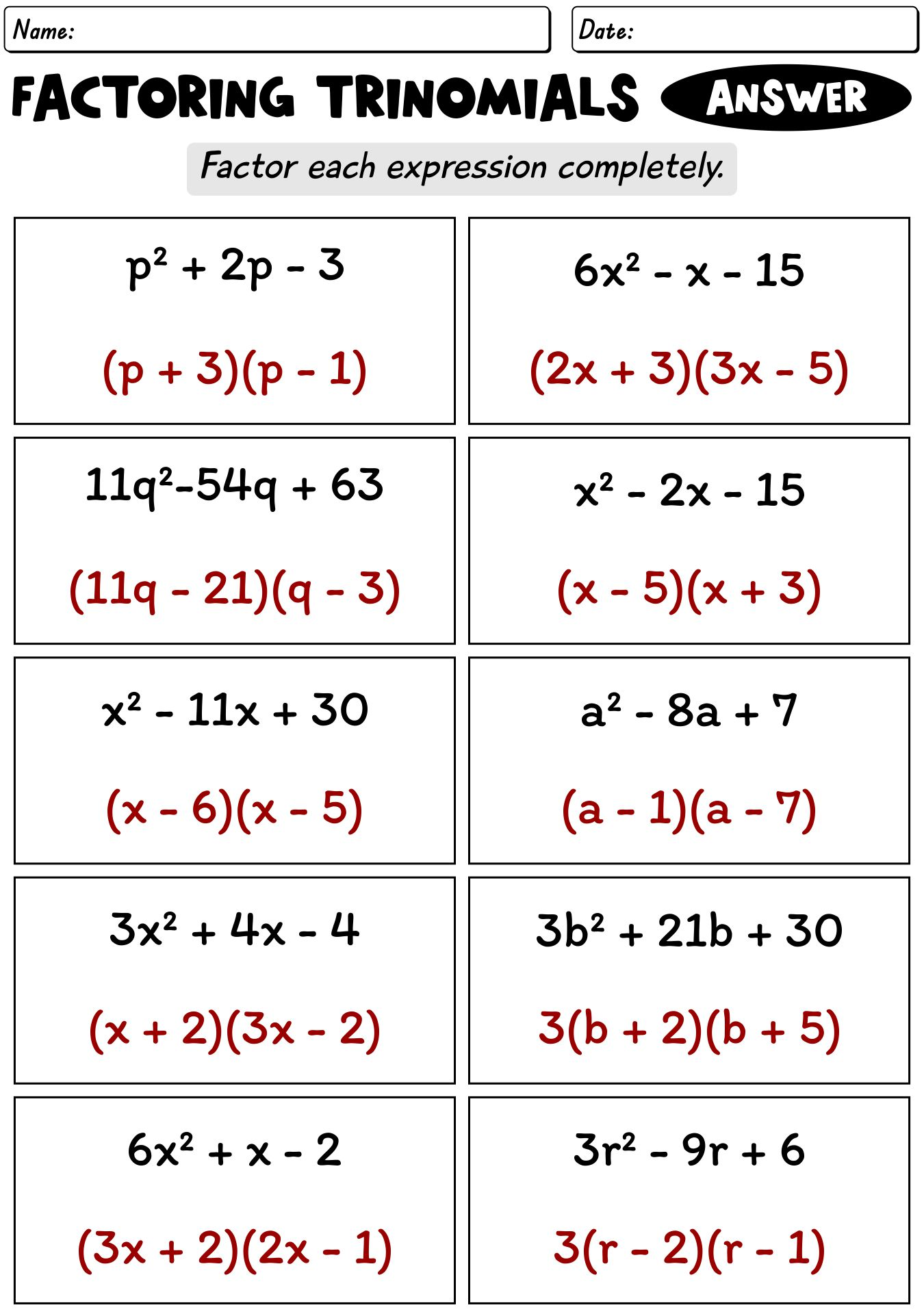 11 Factoring Perfect Square Trinomials Worksheet Free PDF At 