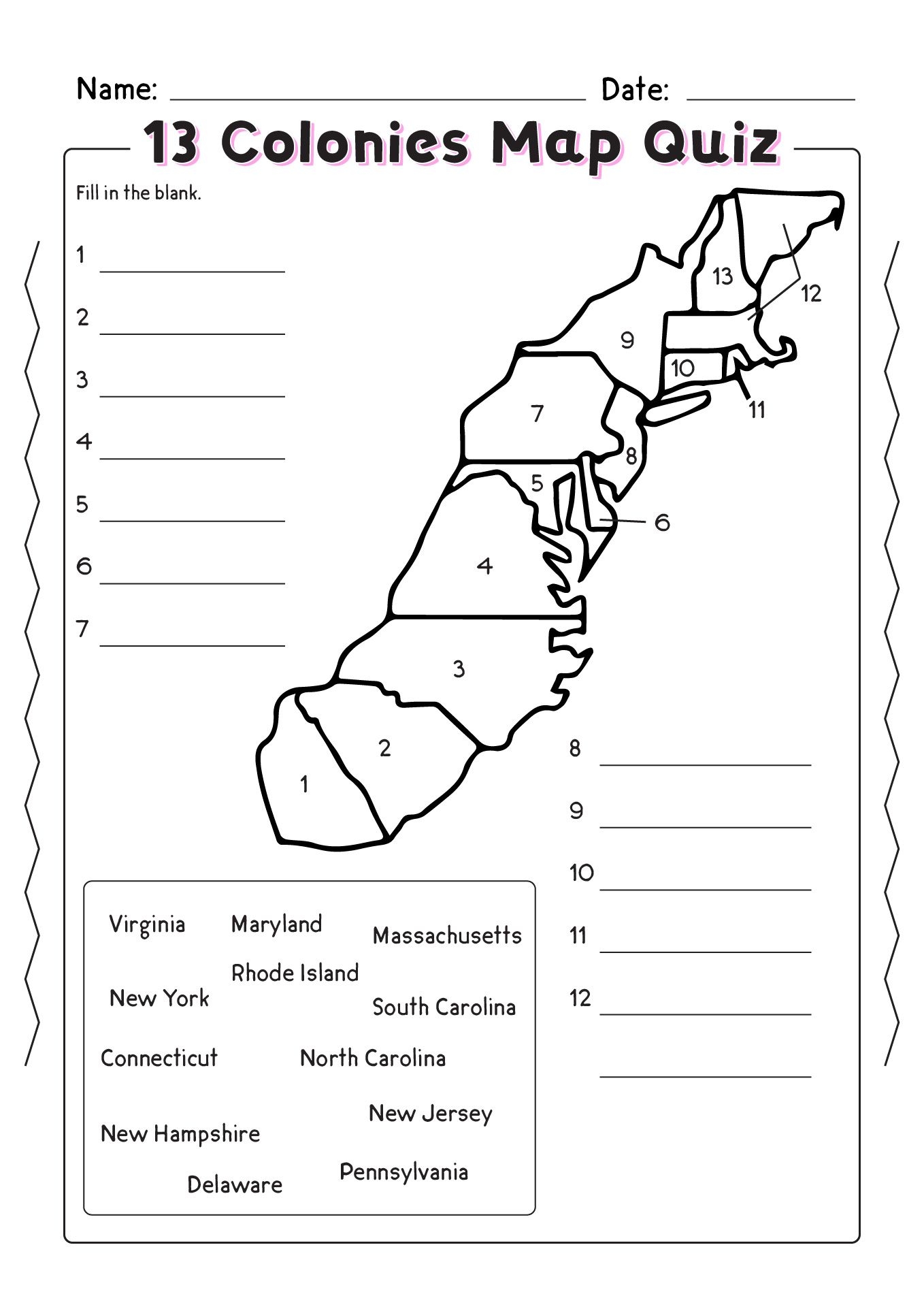 13 Colonies Map Worksheet Printable Word Searches