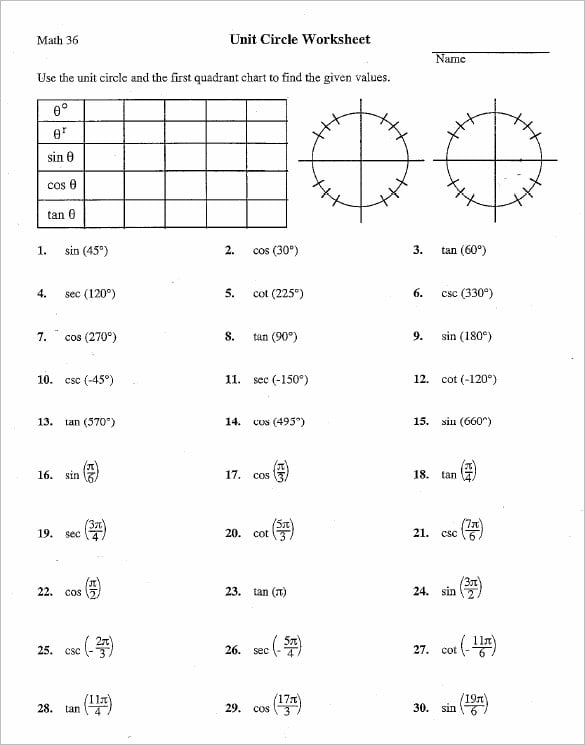 14 Unit Circle Chart Templates DOC PDF Worksheets Library