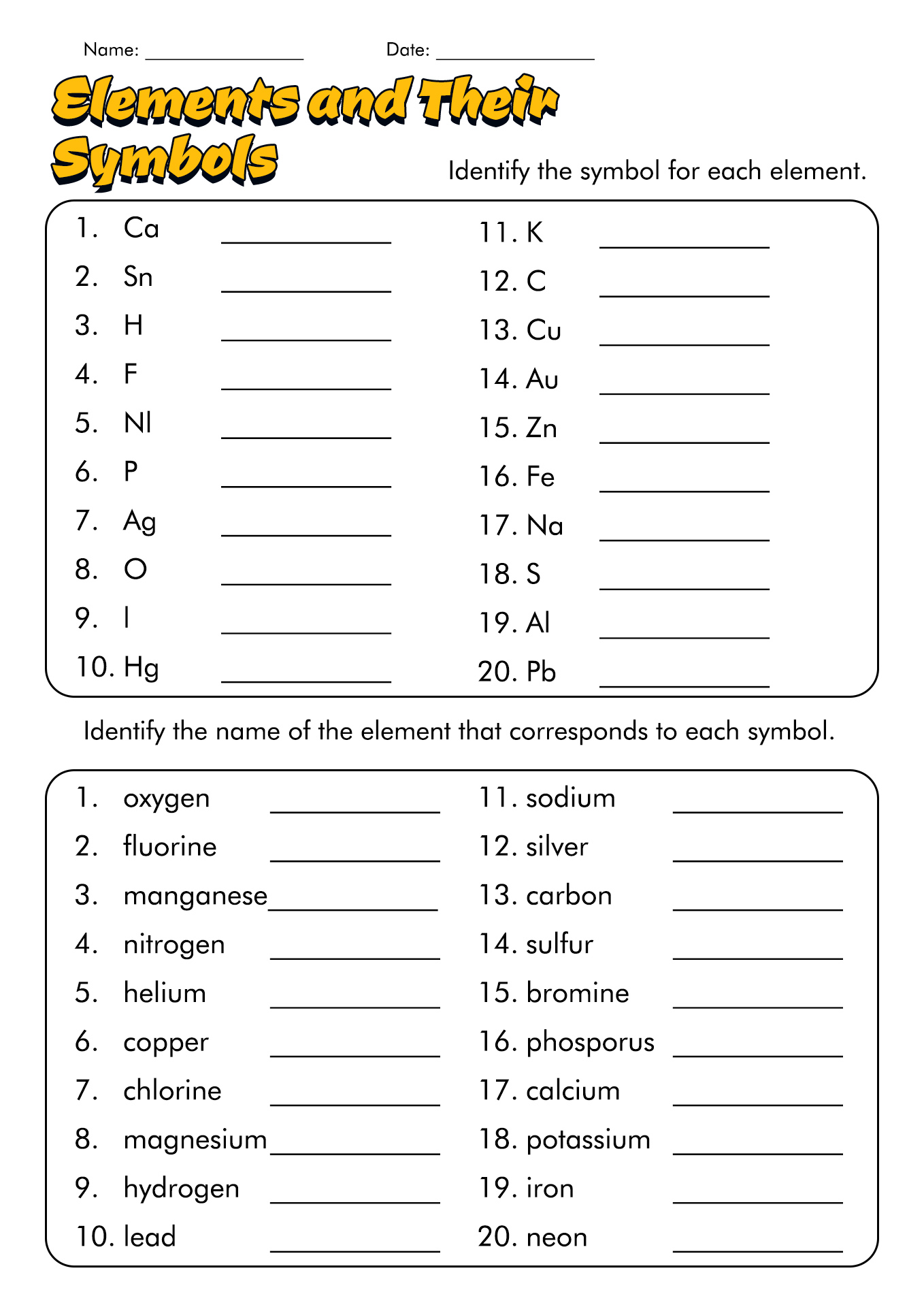 periodic table of elements worksheet