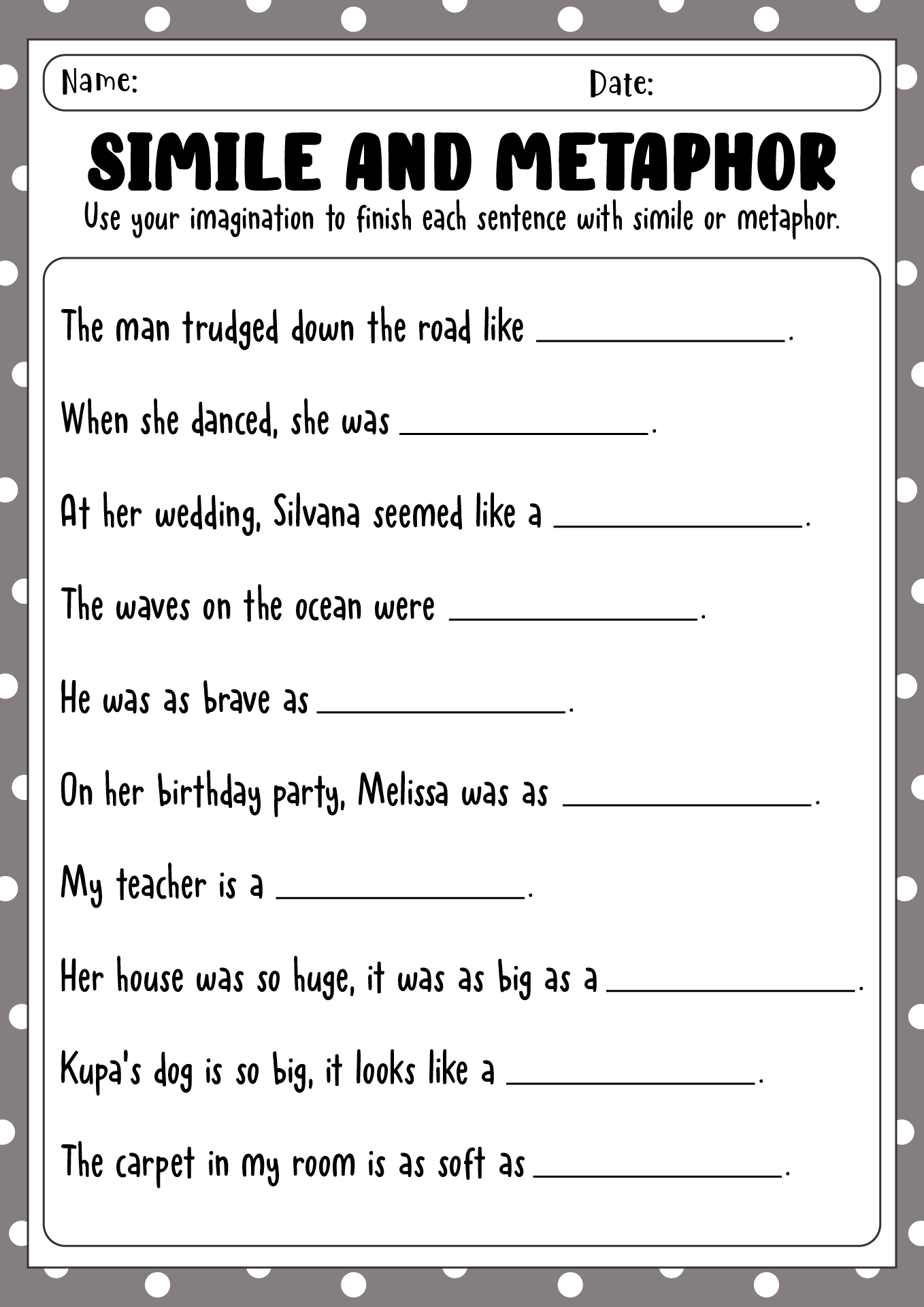 simile and metaphor worksheet