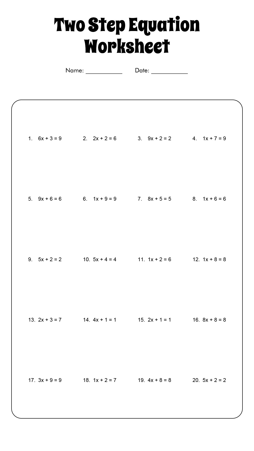 2 step equations worksheets