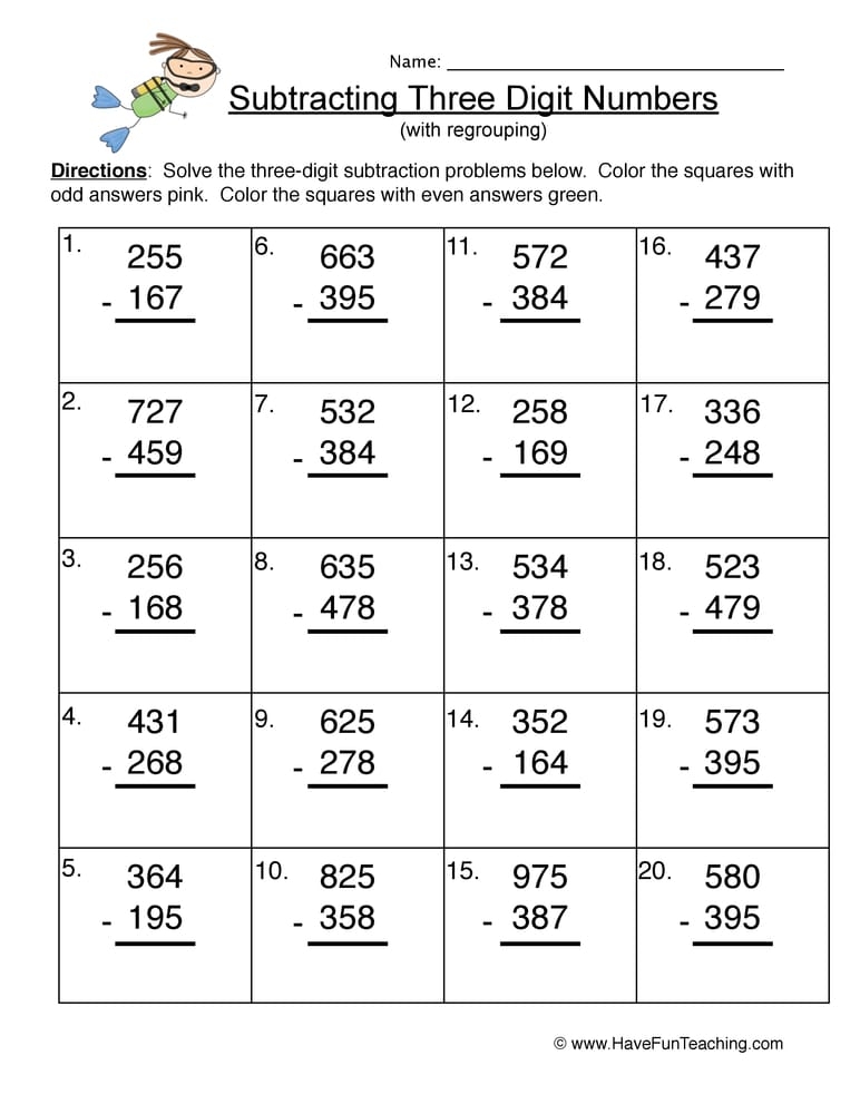3 Digit Subtraction With Regrouping Worksheets