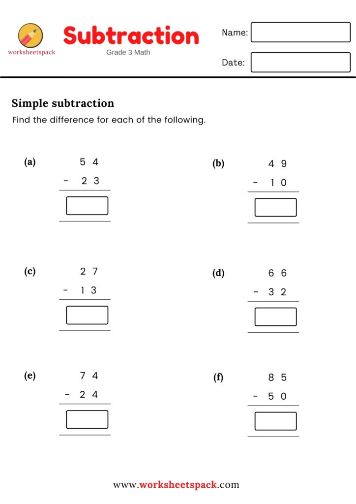 3RD GRADE MATH SIMPLE SUBTRACTION Worksheetspack