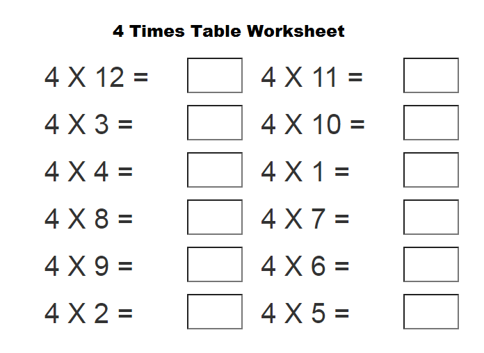 4 multiplication table worksheet