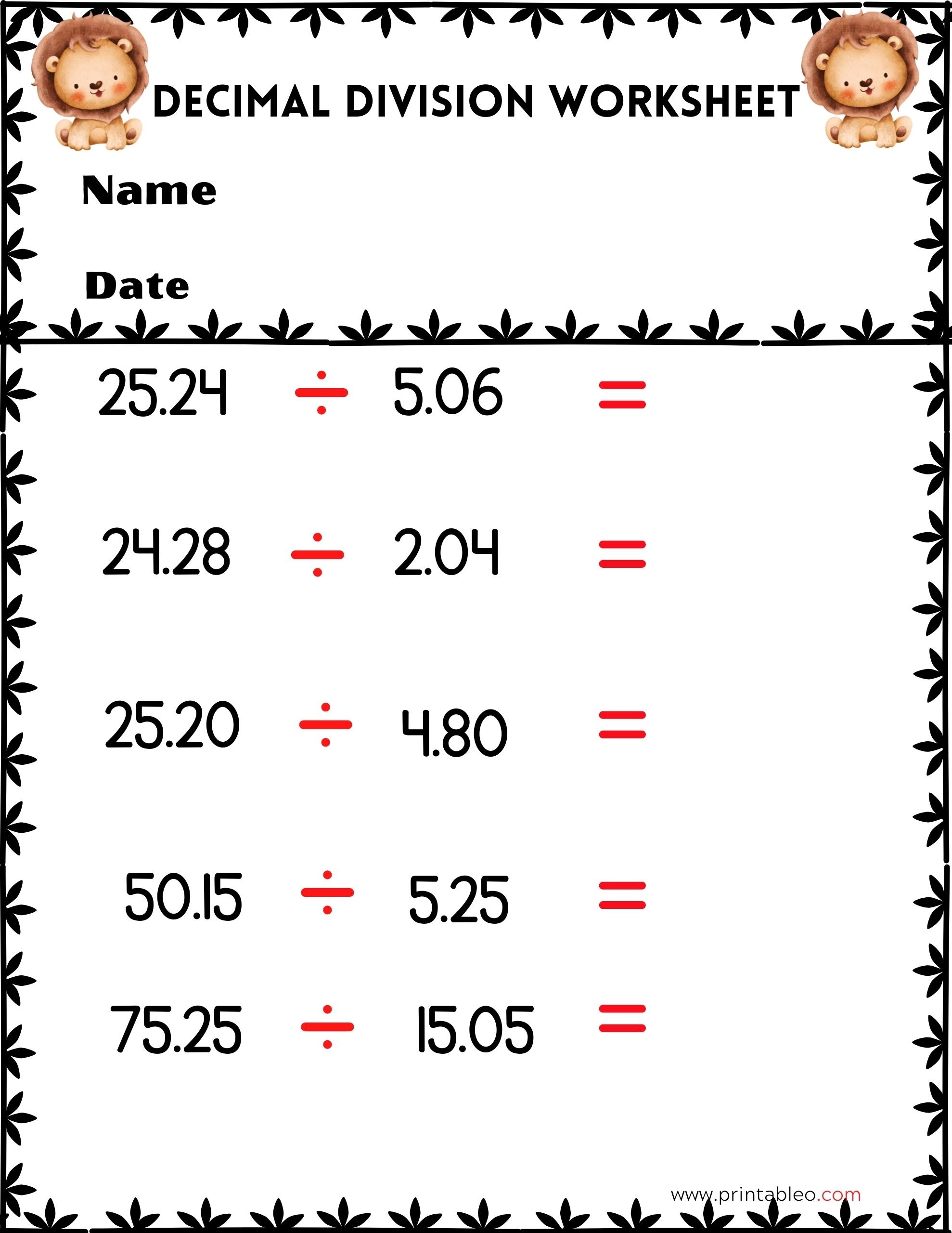 decimal division worksheet