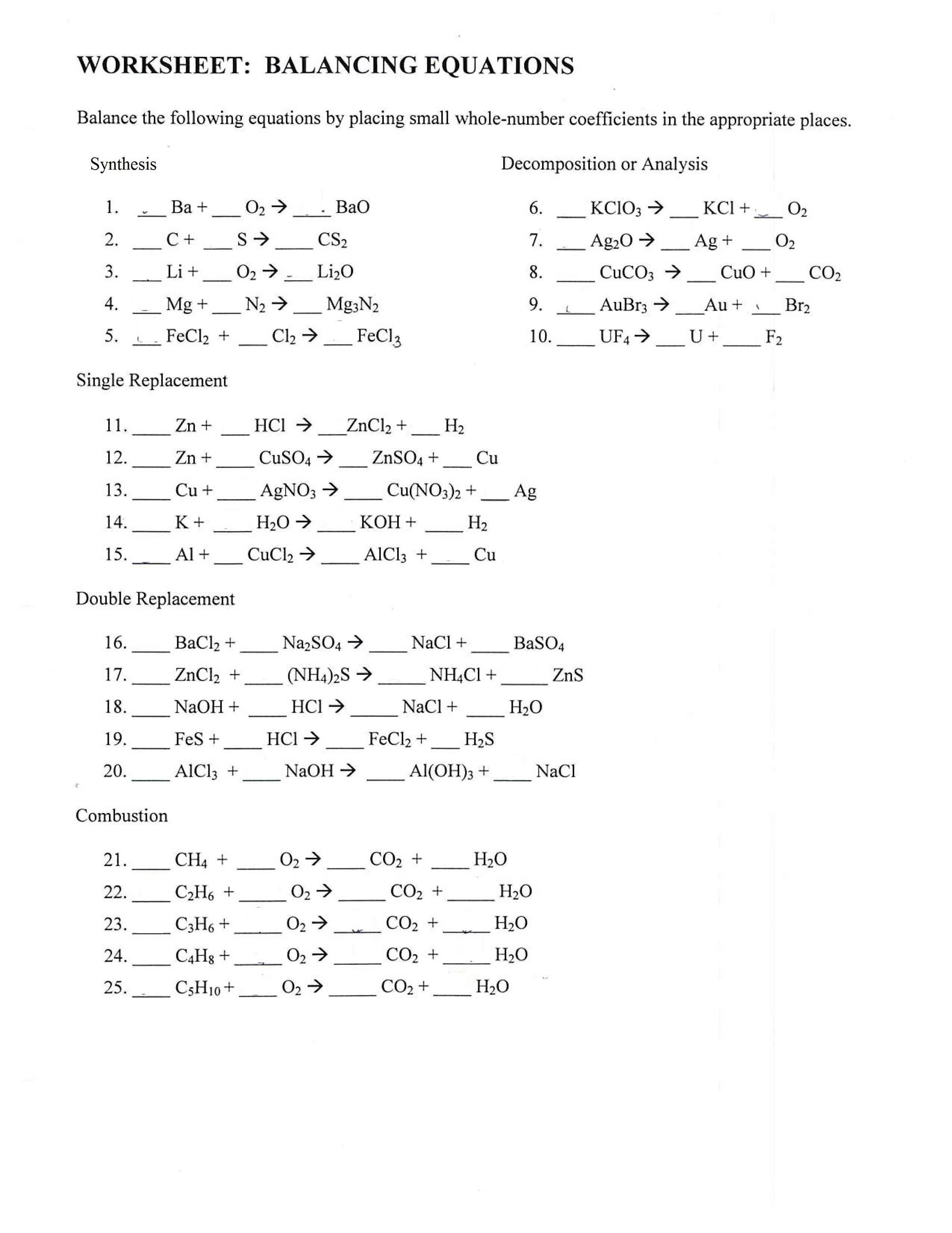 balancing equations worksheet balancing equations worksheet