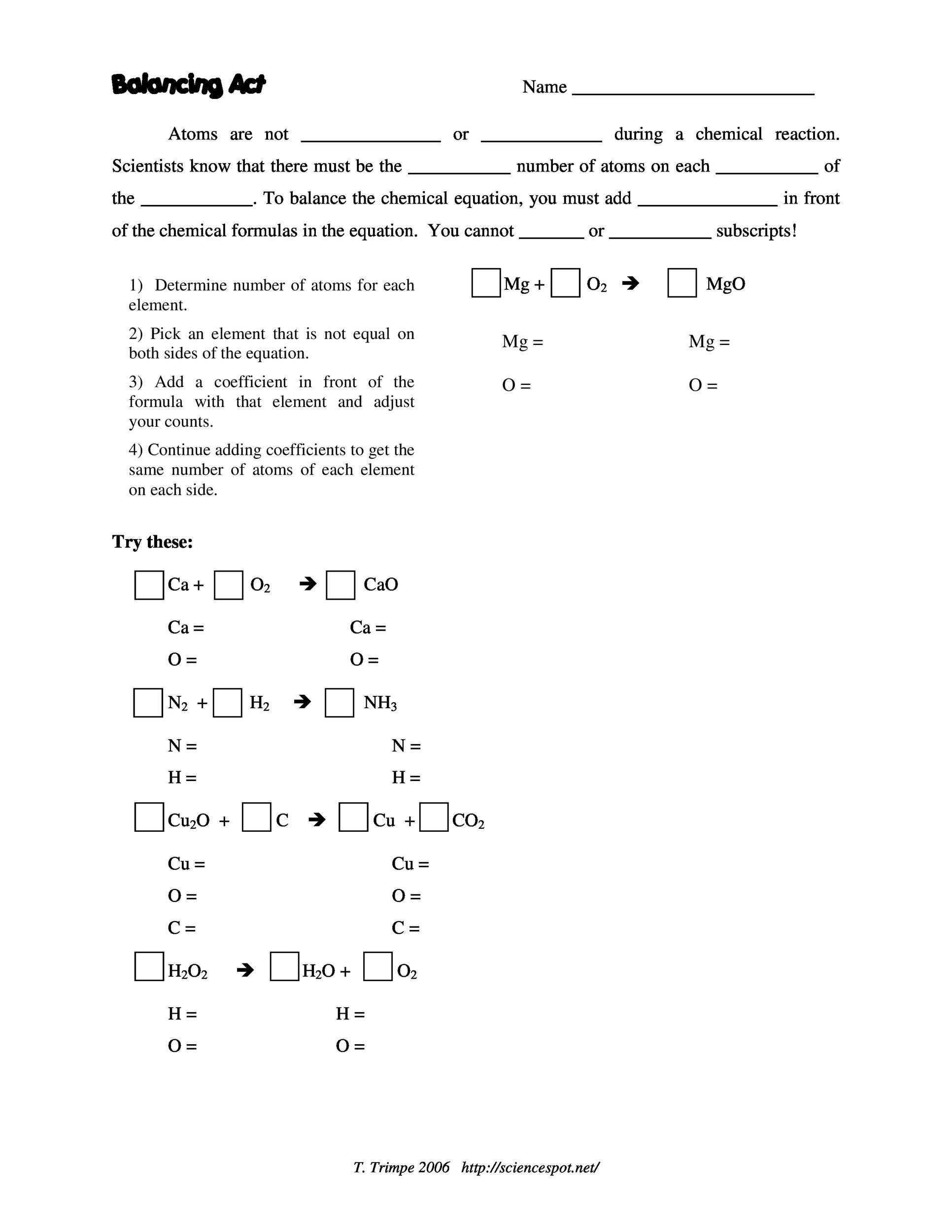 balancing equations worksheet chemistry