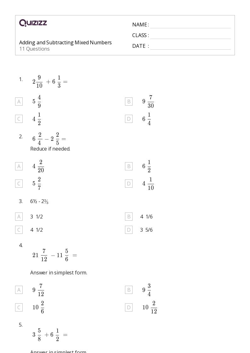 50 Adding And Subtracting Mixed Numbers Worksheets For 5th Grade 