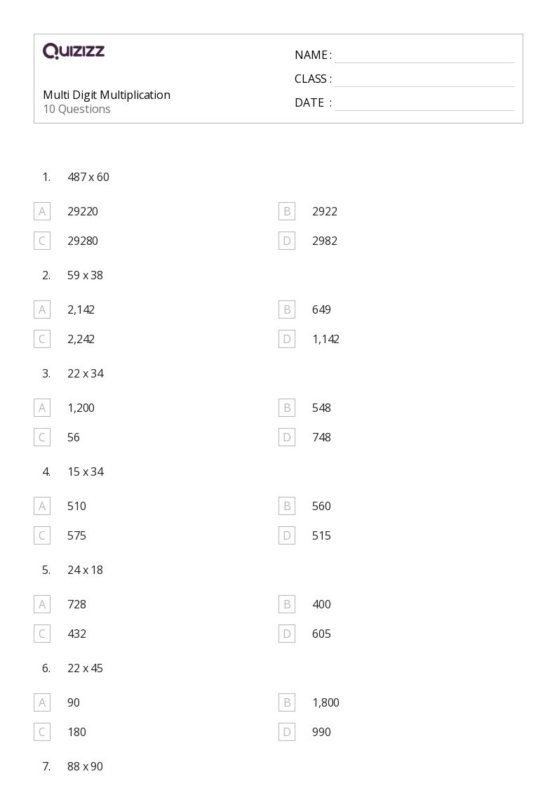 50 Multi Digit Multiplication Worksheets For 6th Class On Quizizz 