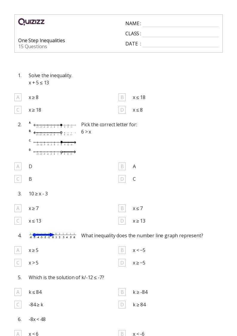 50 One Step Inequalities Worksheets For 8th Year On Quizizz 