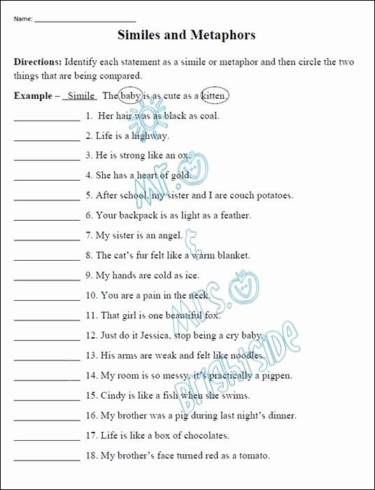 50 Similes And Metaphors Worksheet Similes And Metaphors Simile 