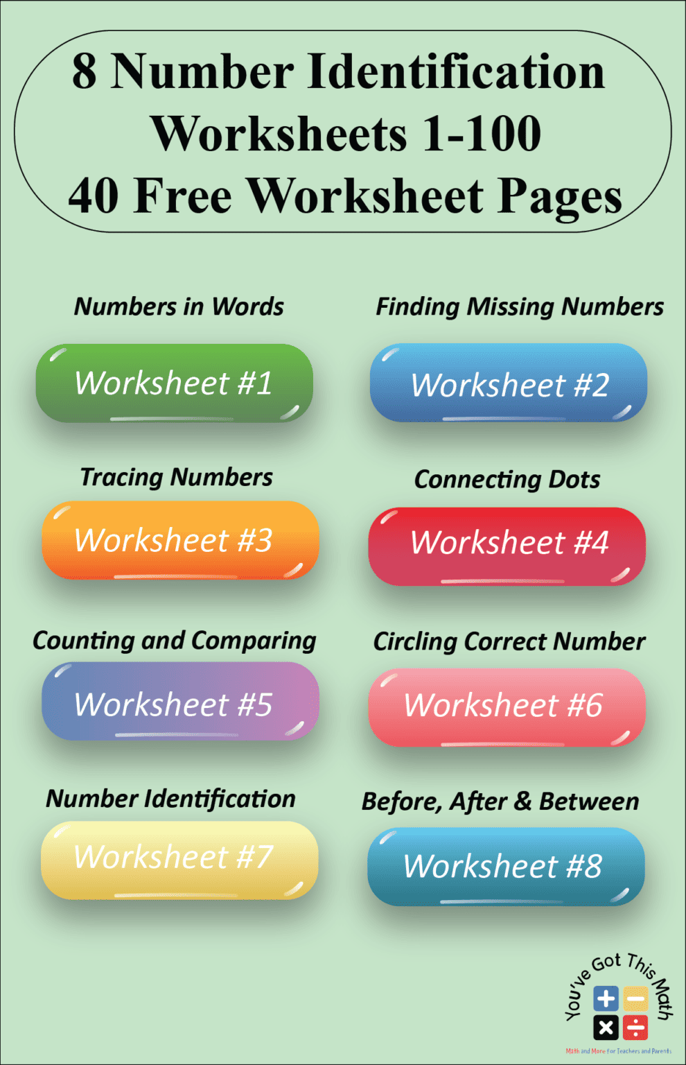 8 Free Number Identification Worksheets 1 100