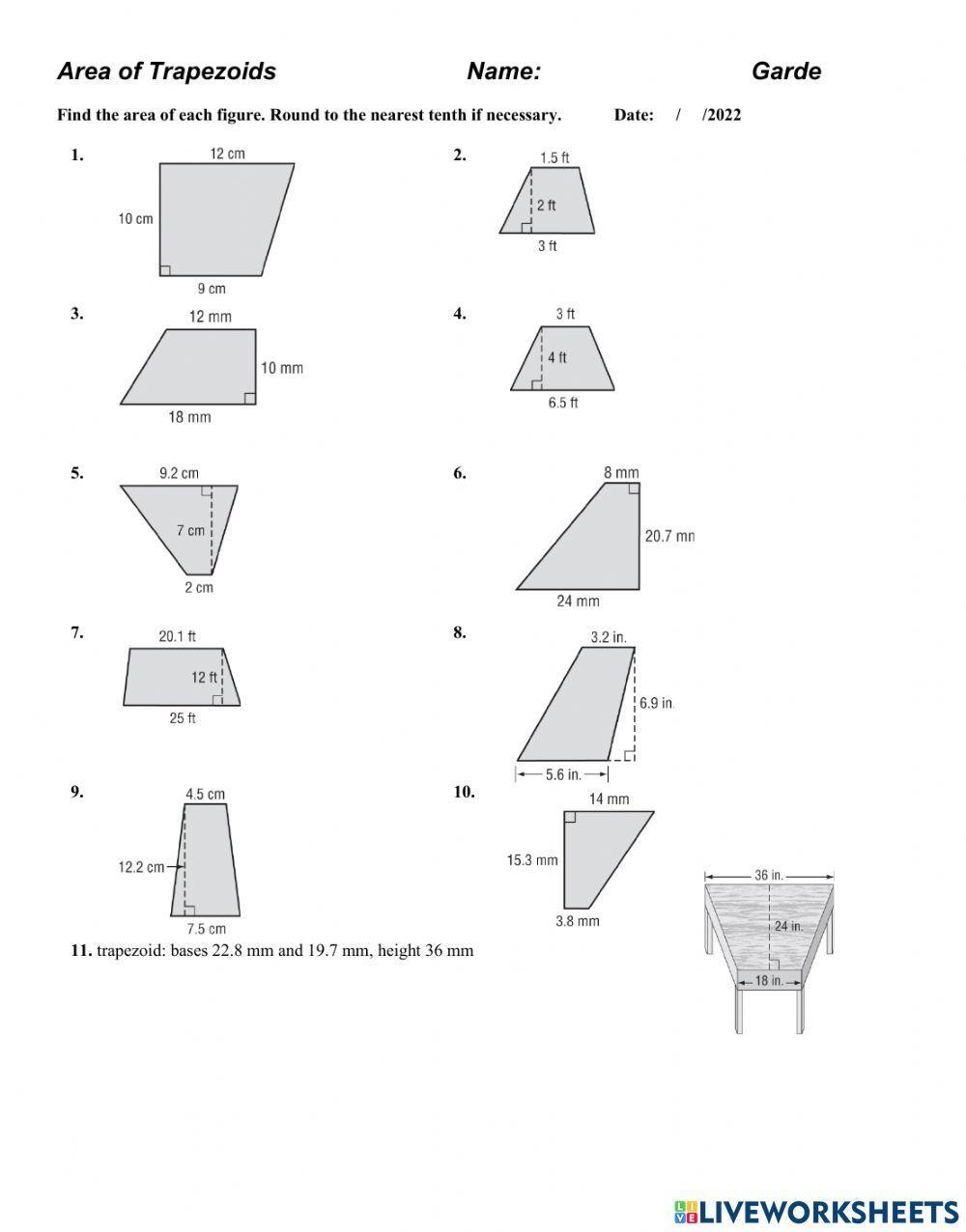 area of trapezoid worksheet