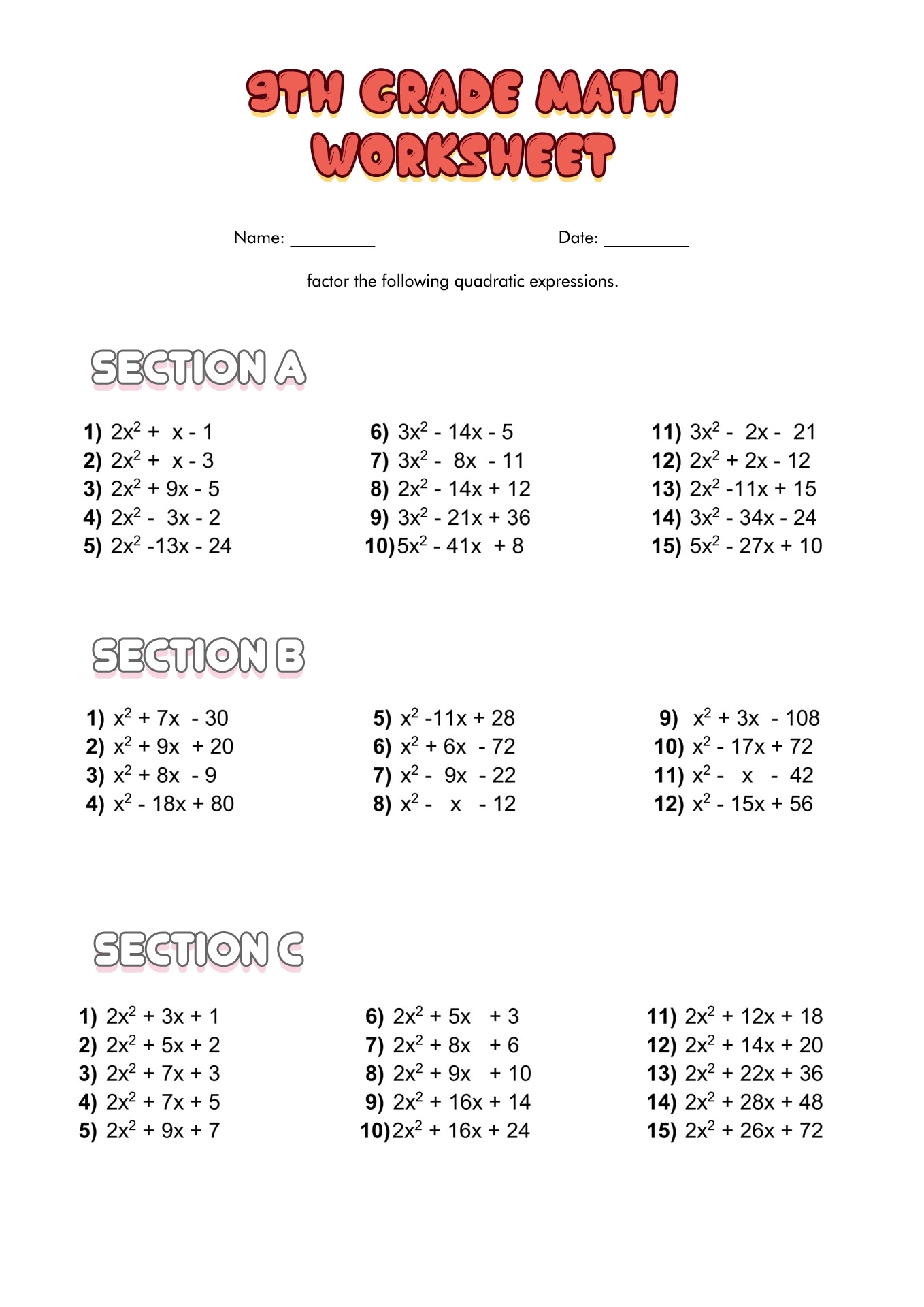 9th Grade Math Worksheets Printable 9th Grade Math Worksheets Printable