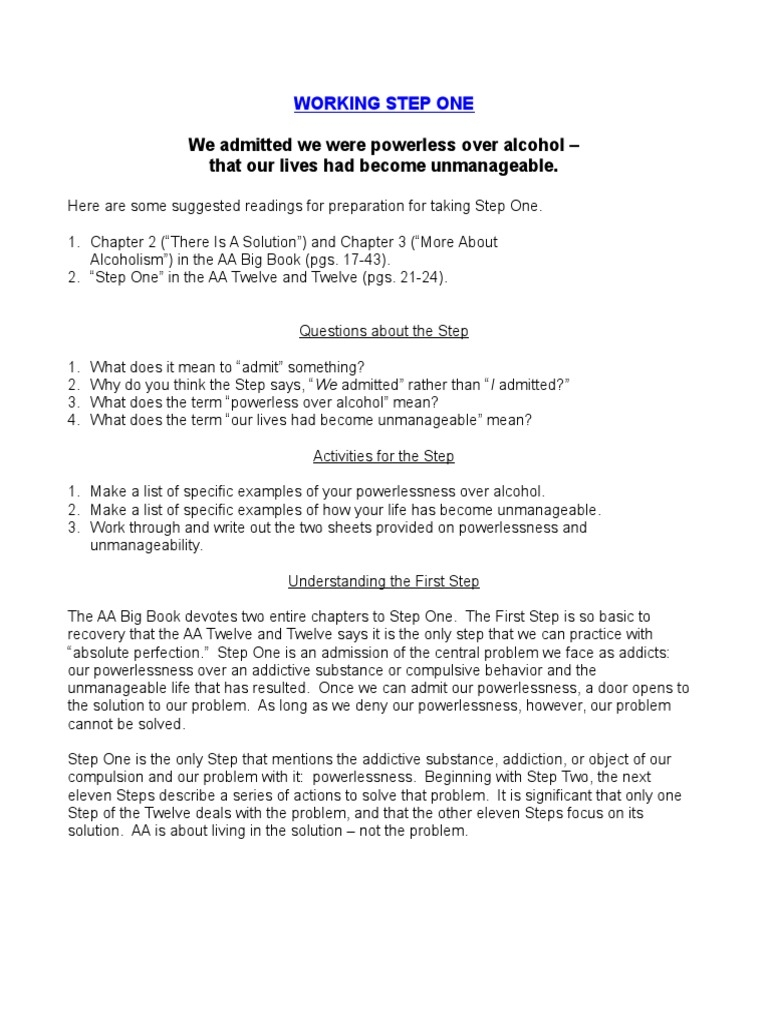 AA Working Step One Worksheet PDF Wellness Medical Worksheets 