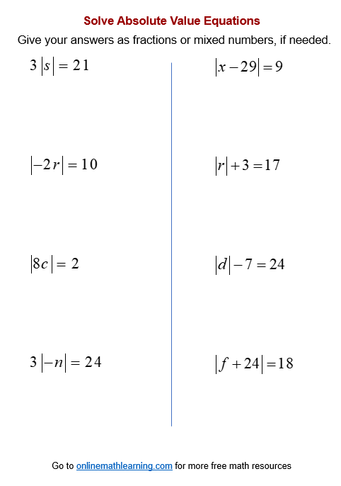 Absolute Value Equation Worksheets printable Online Answers Examples 
