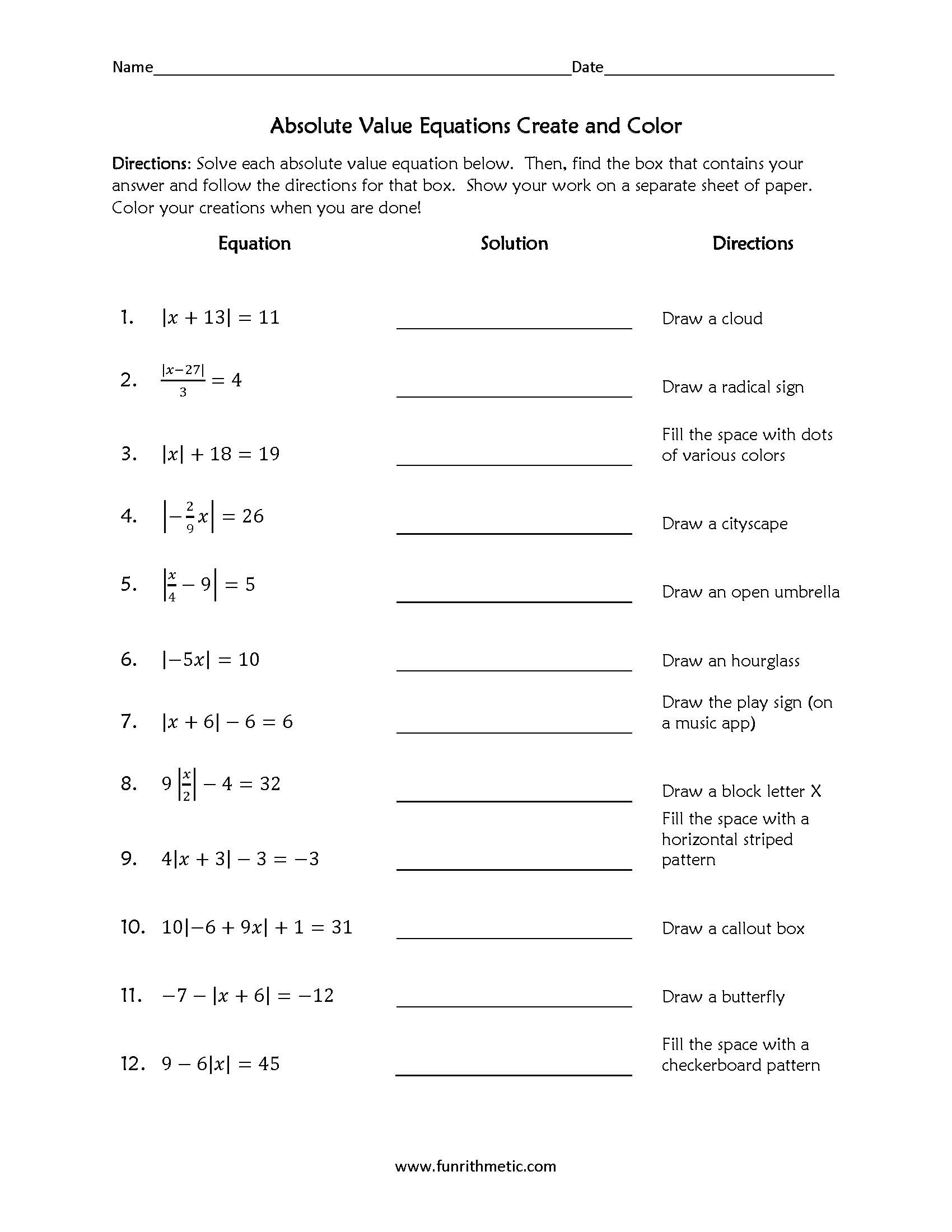 Absolute Value Equations Create And Color Worksheets Library