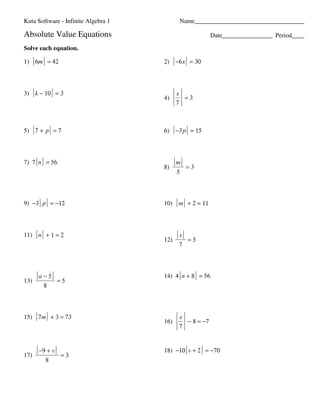 Absolute Value Equations PDF Worksheets Library