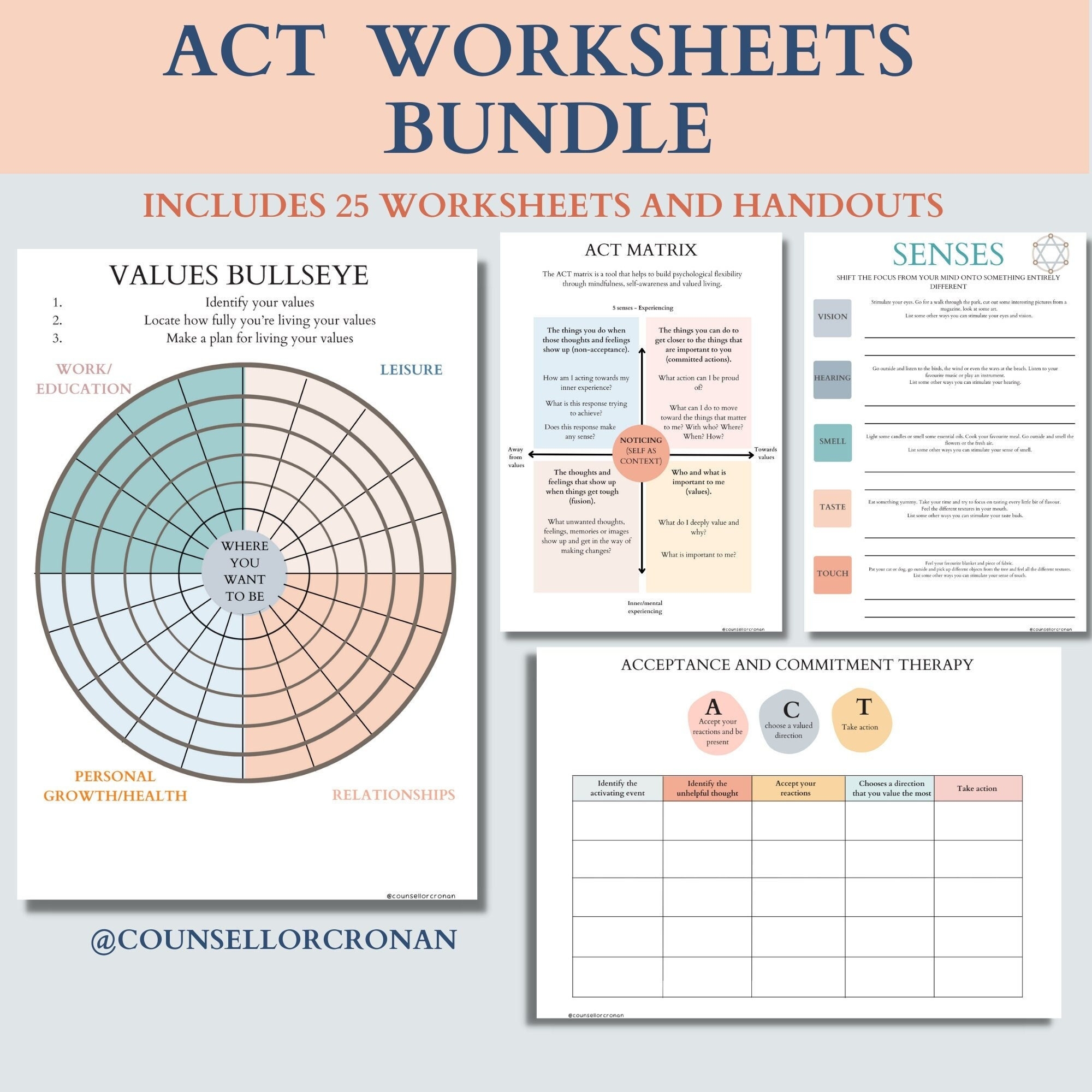 ACT Therapy Worksheets Acceptance And Commitment Therapy Etsy UK