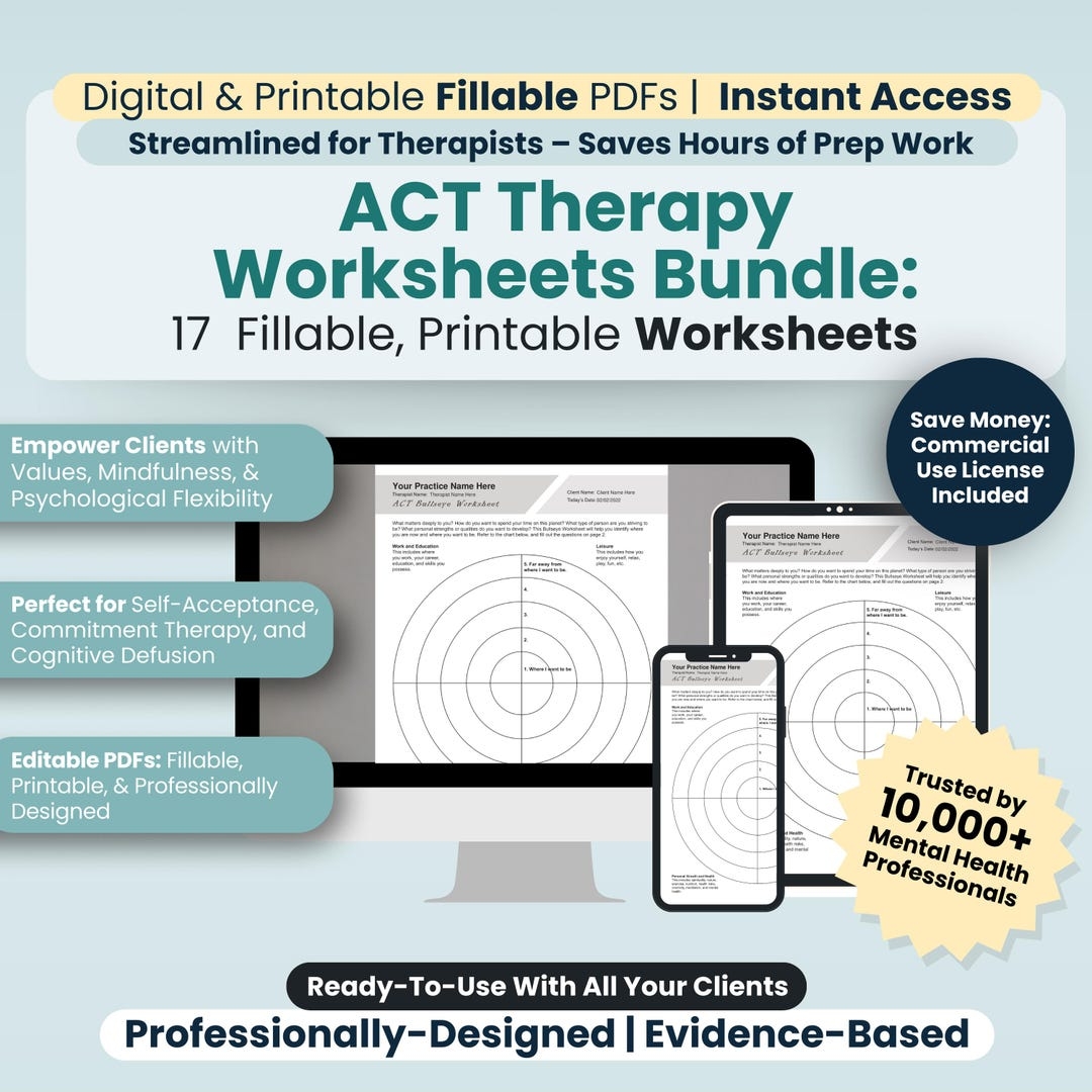 ACT Therapy Worksheets Bundle 17 Fillable printable PDF Templates 