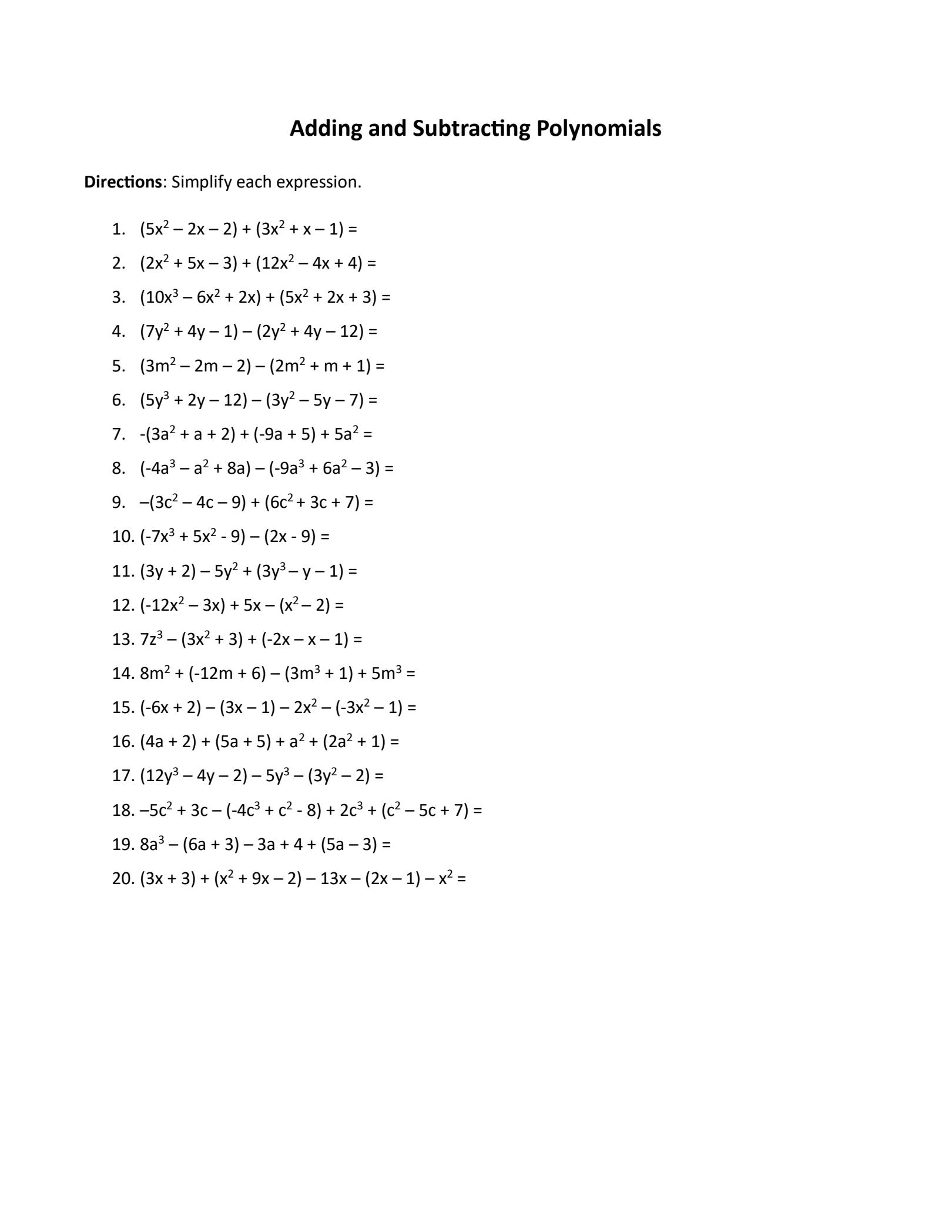 adding subtracting polynomials worksheet