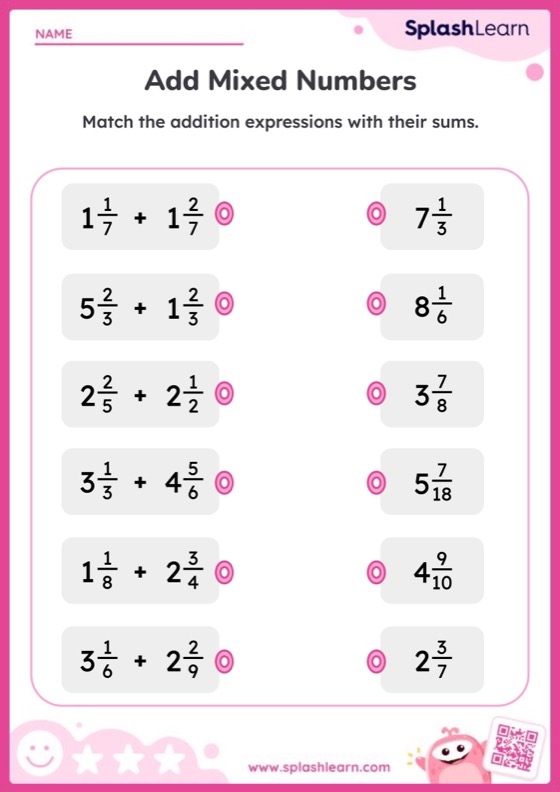 Add Mixed Numbers And Match The Sum Printable Math Worksheet Add Mixed Numbers And Match The Sum Printable Math Worksheet