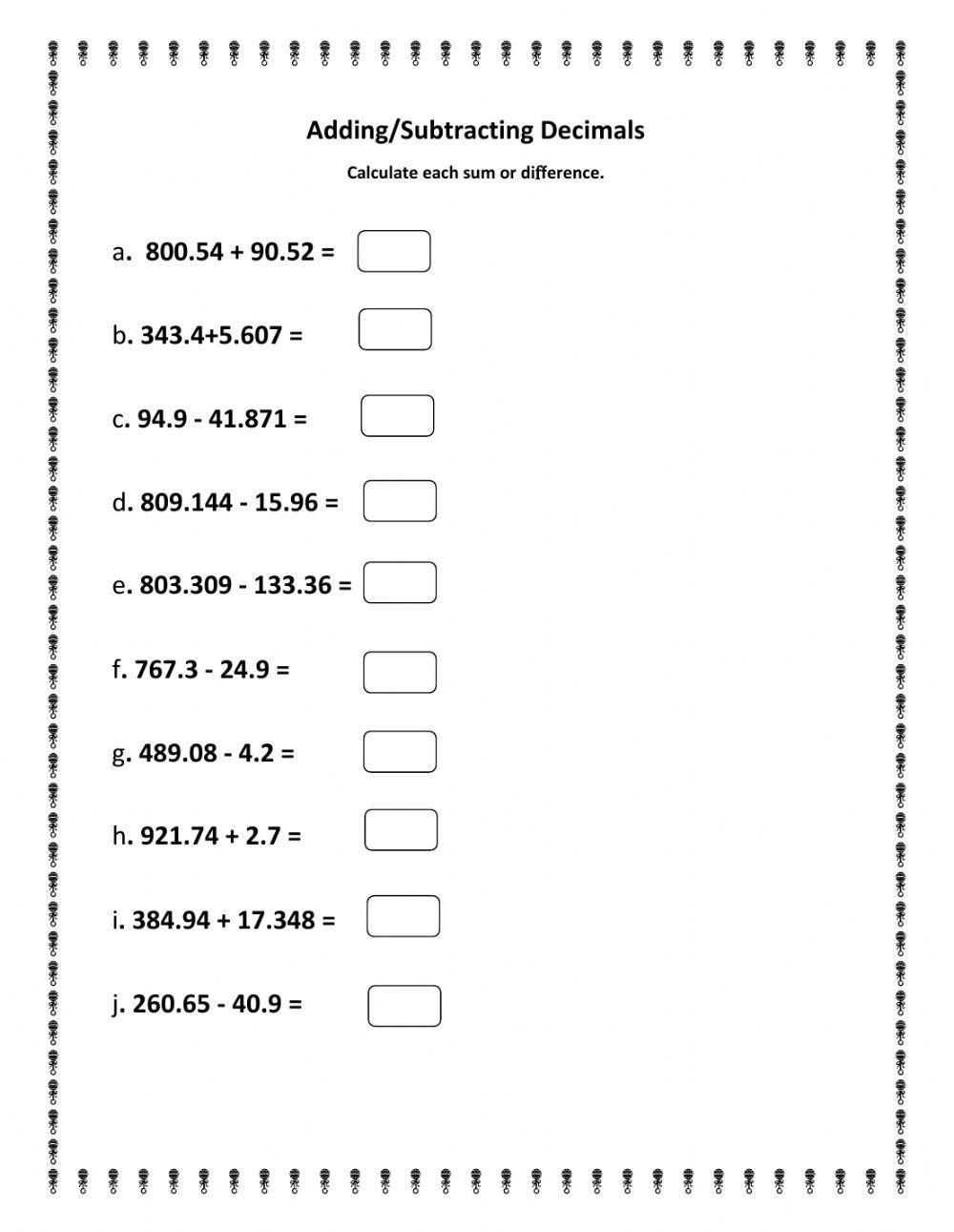 Adding And Subtracting Decimal Worksheet Worksheets Library