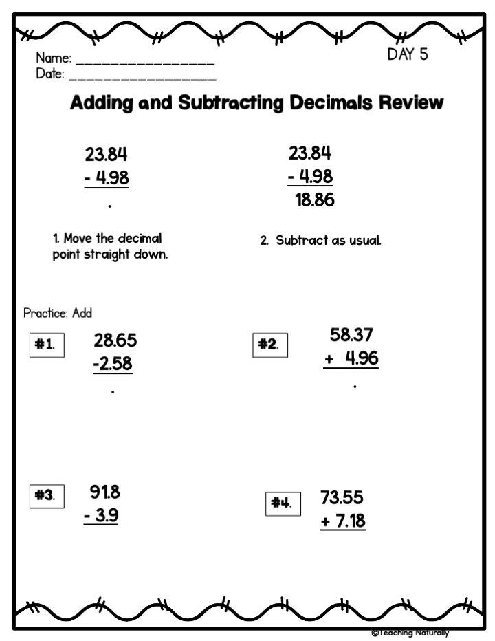 Adding And Subtracting Decimals Practice Sheets Printable And 