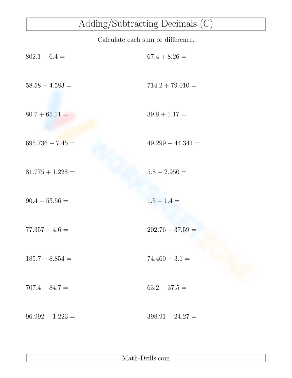 adding and subtracting decimals worksheet