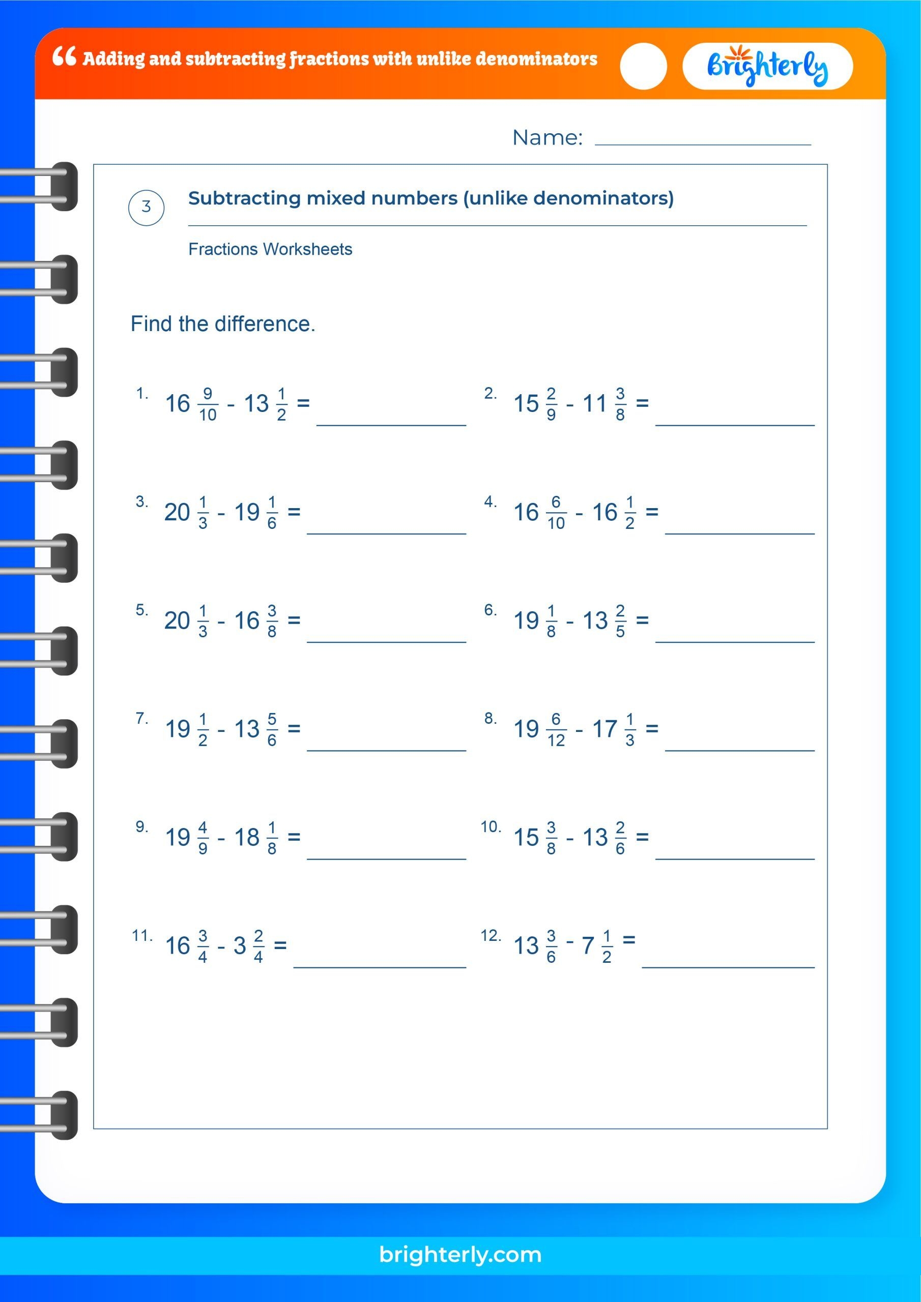 Adding And Subtracting Fractions With Unlike Denominators Worksheets