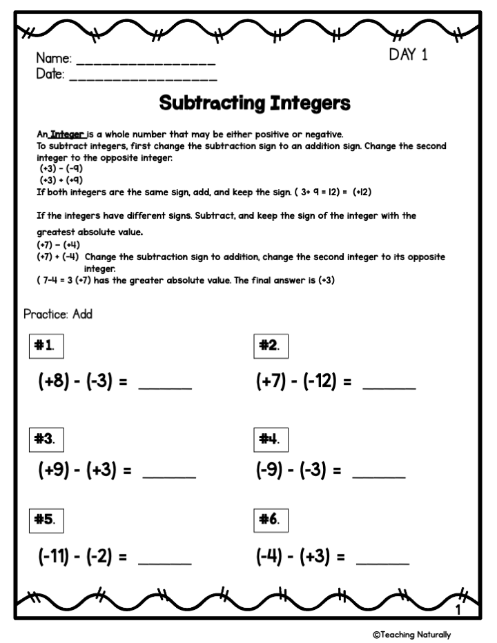 adding and subtracting integers worksheets