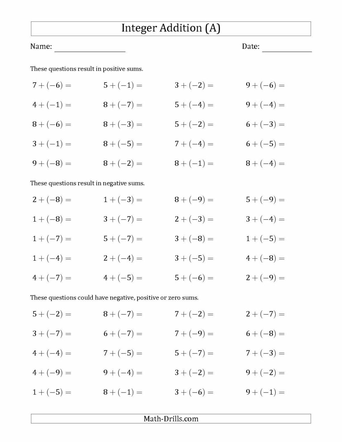 Adding And Subtracting Integers Worksheets With Answers Free Printables Adding And Subtracting Integers Worksheets With Answers Free Printables