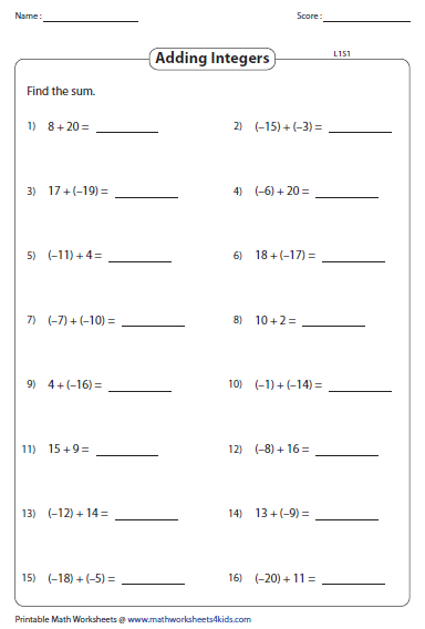 integer addition and subtraction worksheet