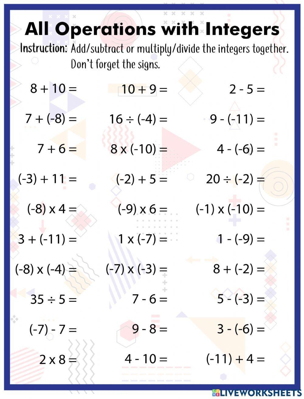 Adding And Subtracting Mixed Integers From 10 To 10 75 Questions 