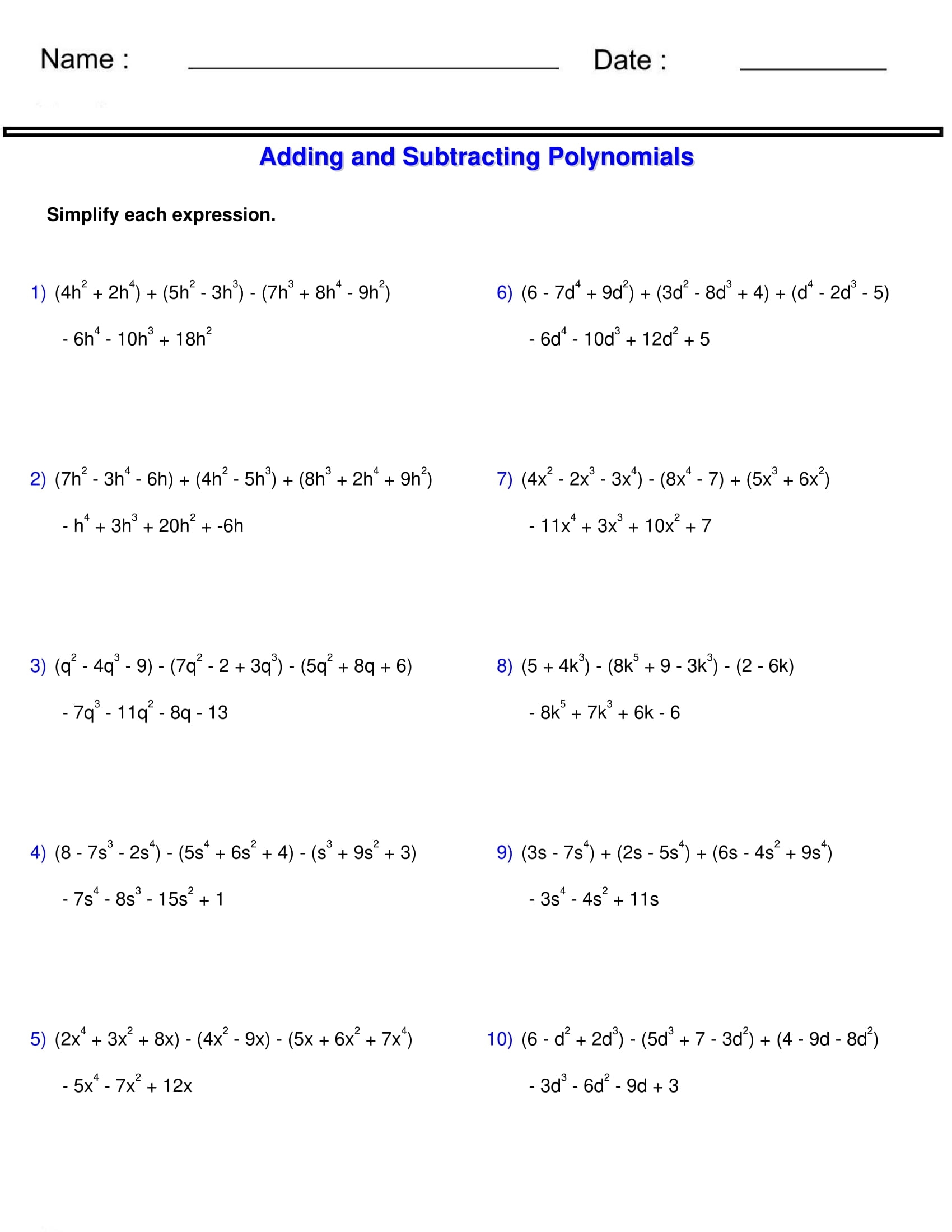 Adding And Subtracting Polynomials Worksheet