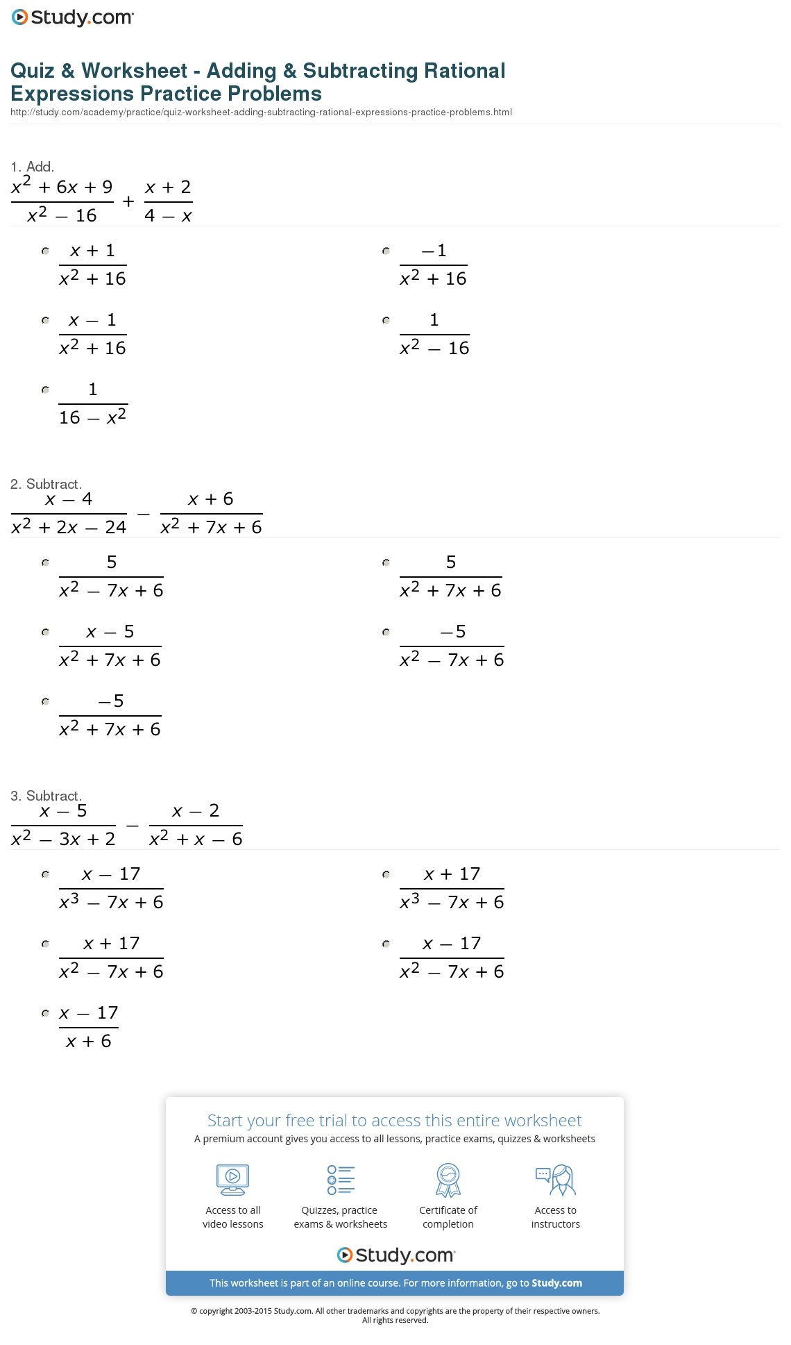 adding and subtracting rational expressions worksheet adding and subtracting rational expressions worksheet