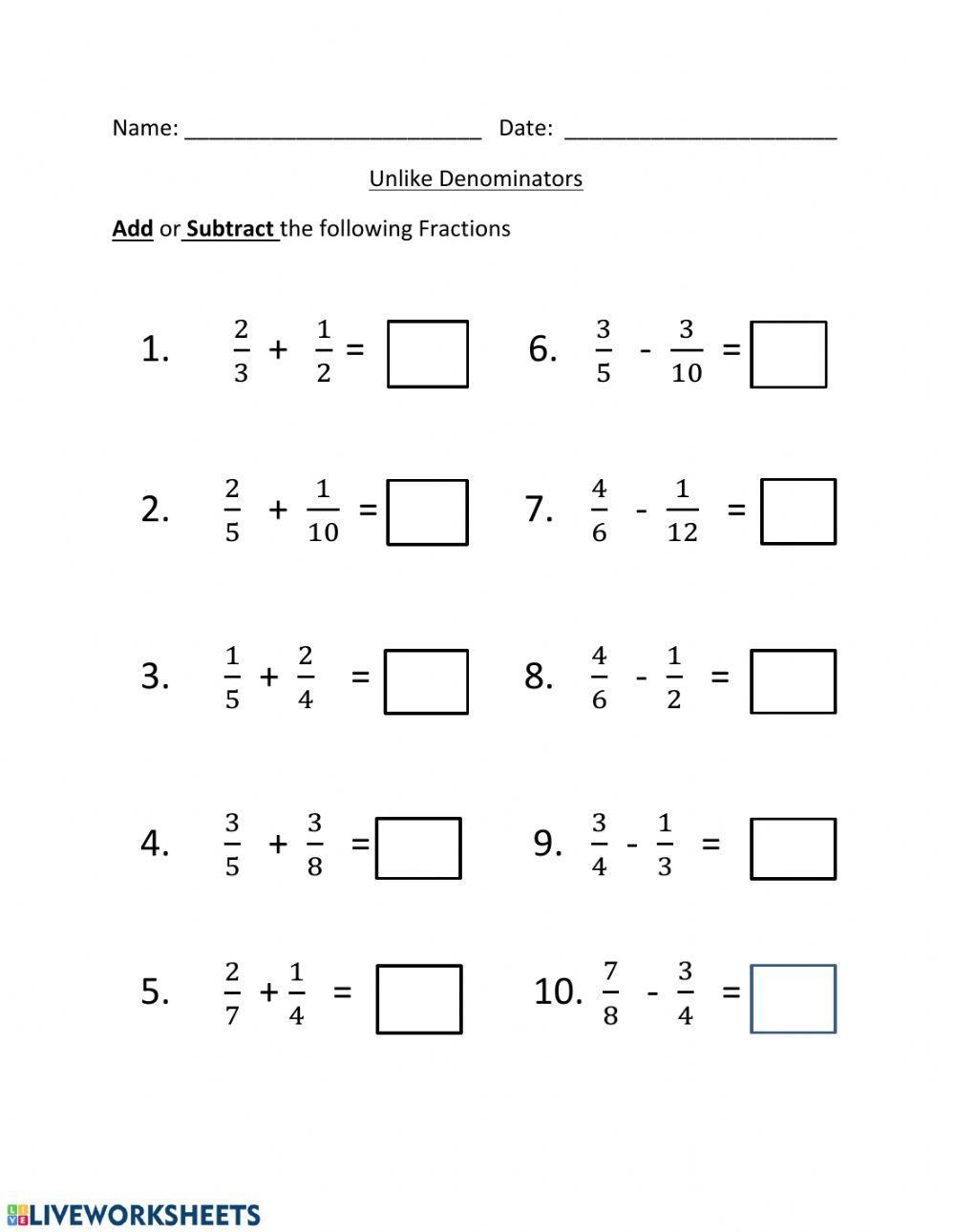 Adding And Subtracting Unlike Denominators Worksheet Worksheets Library