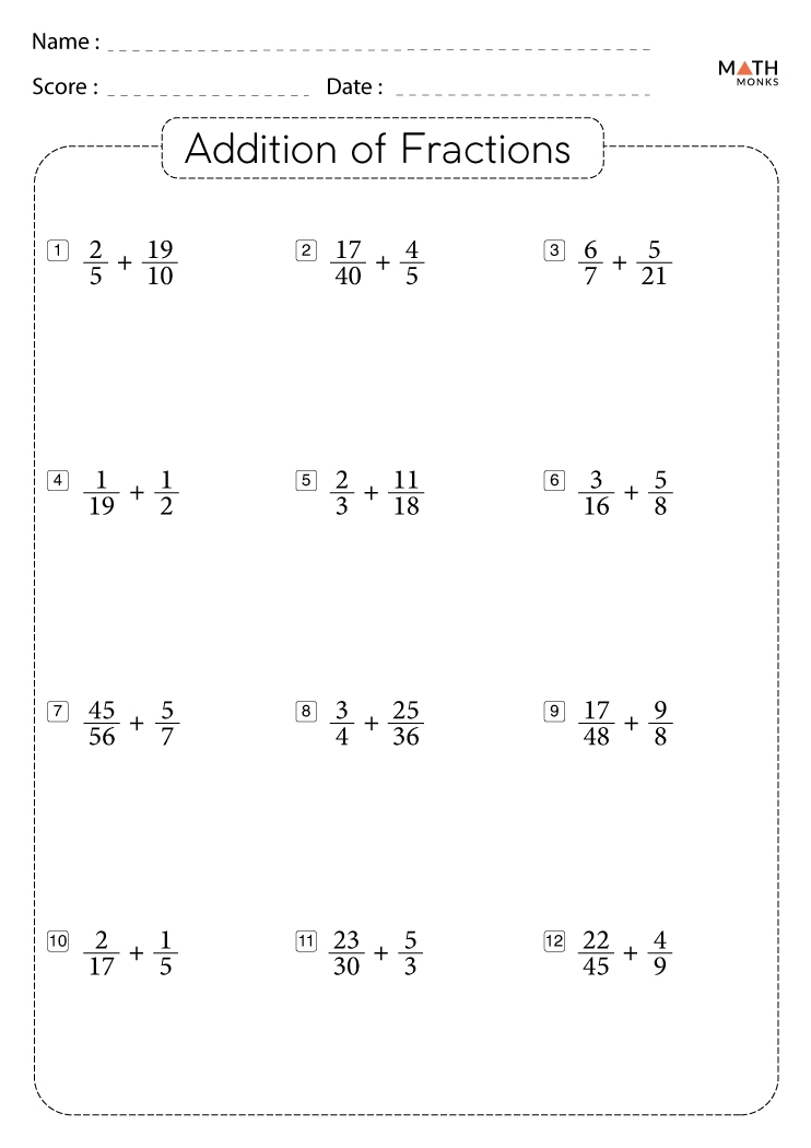 fraction addition worksheets