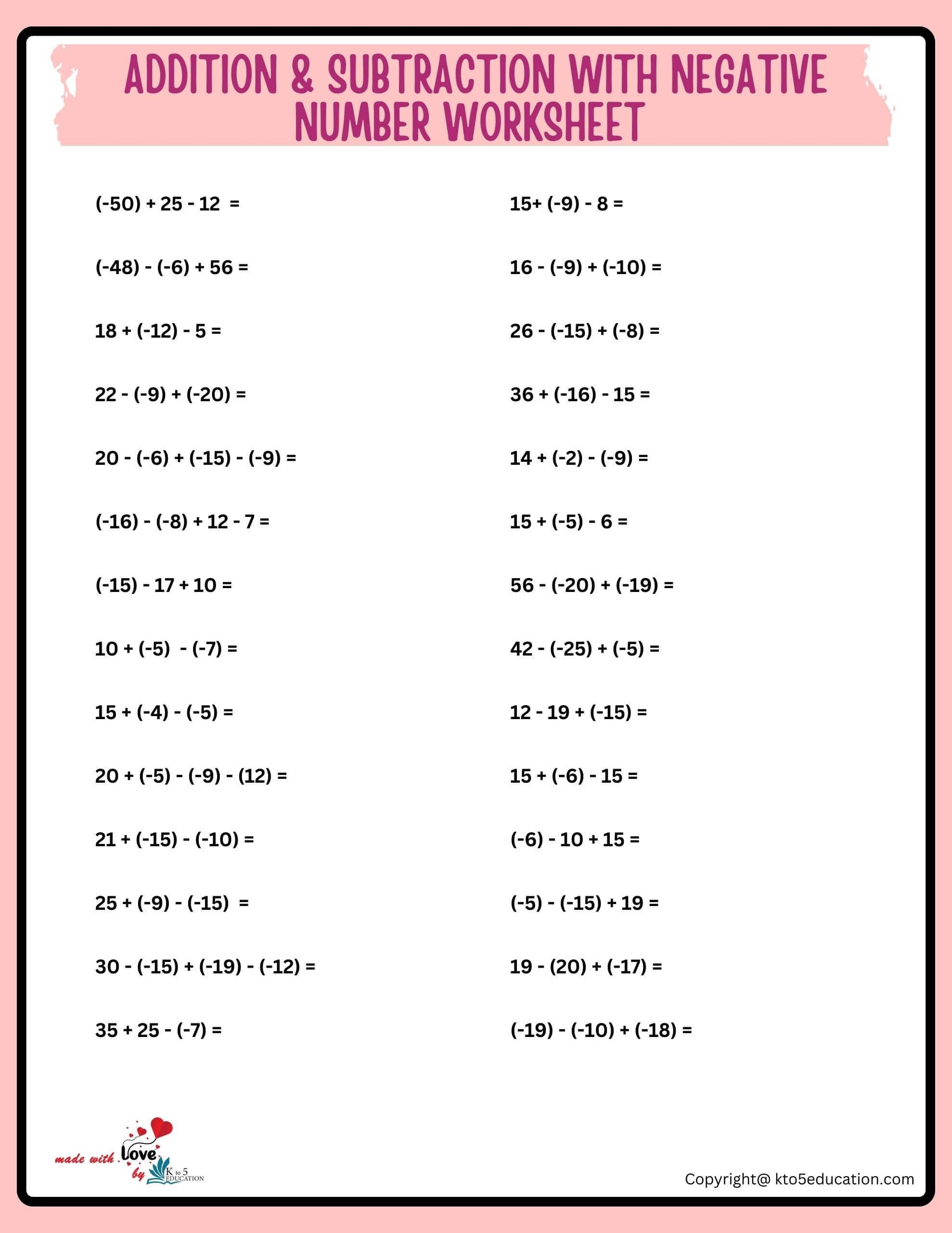 adding negative numbers worksheet adding negative numbers worksheet