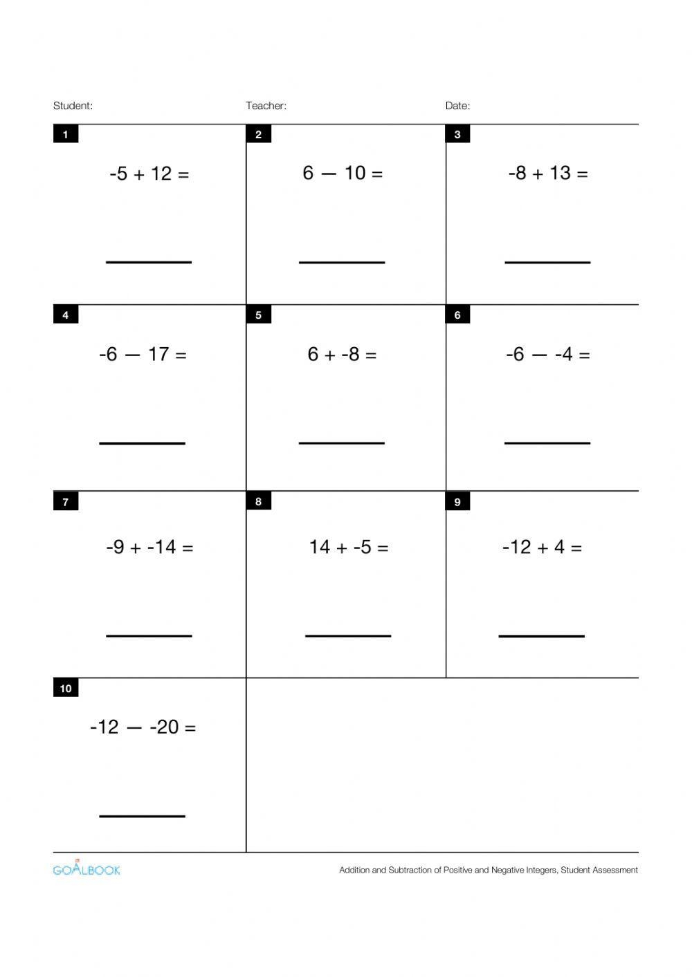 Adding Positive And Negative Numbers Benchmark Worksheet Live Adding Positive And Negative Numbers Benchmark Worksheet Live
