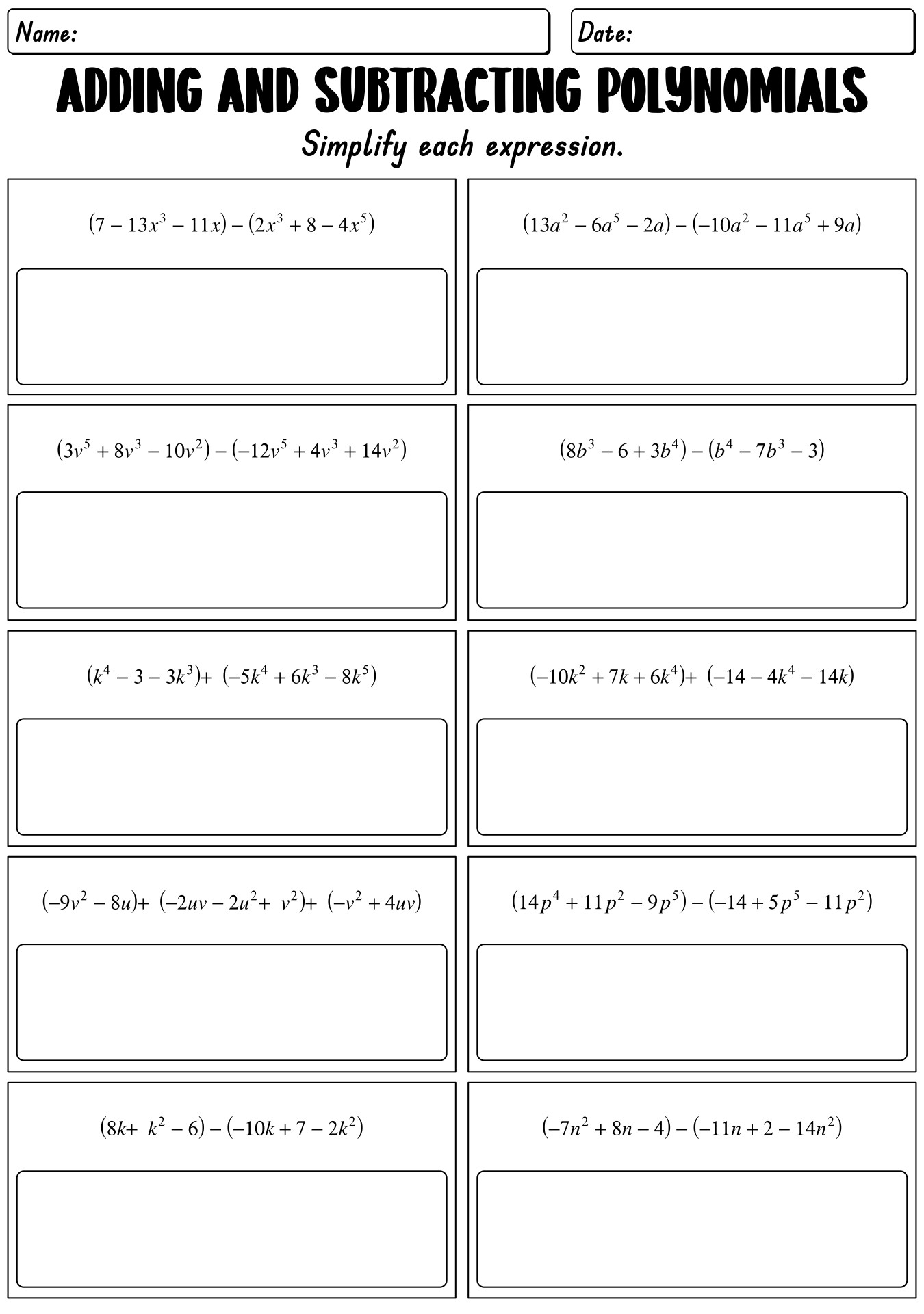 Adding Subtracting Polynomials Worksheet
