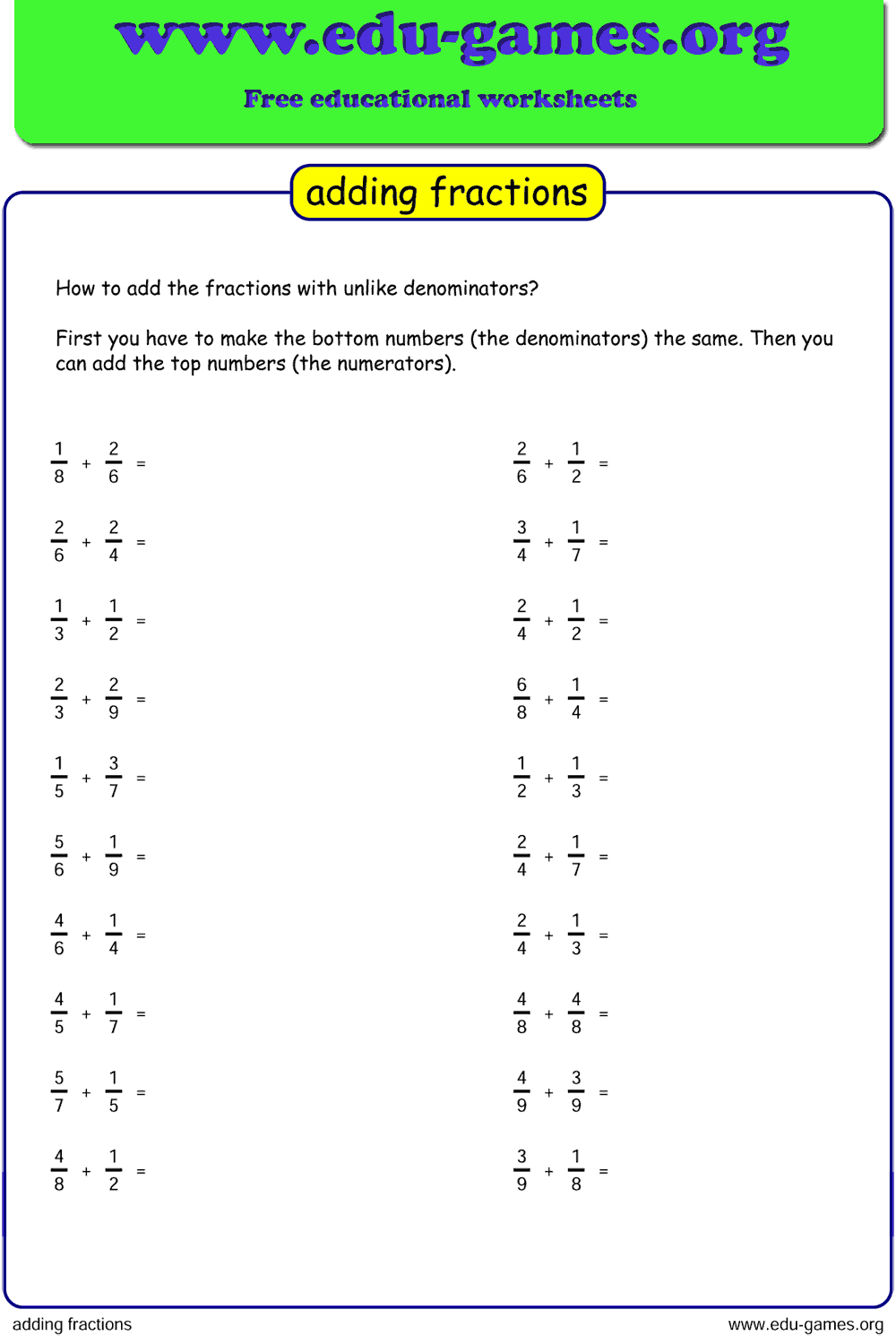 Adding Subtracting Unlike Fractions Worksheet FractionsWorksheets