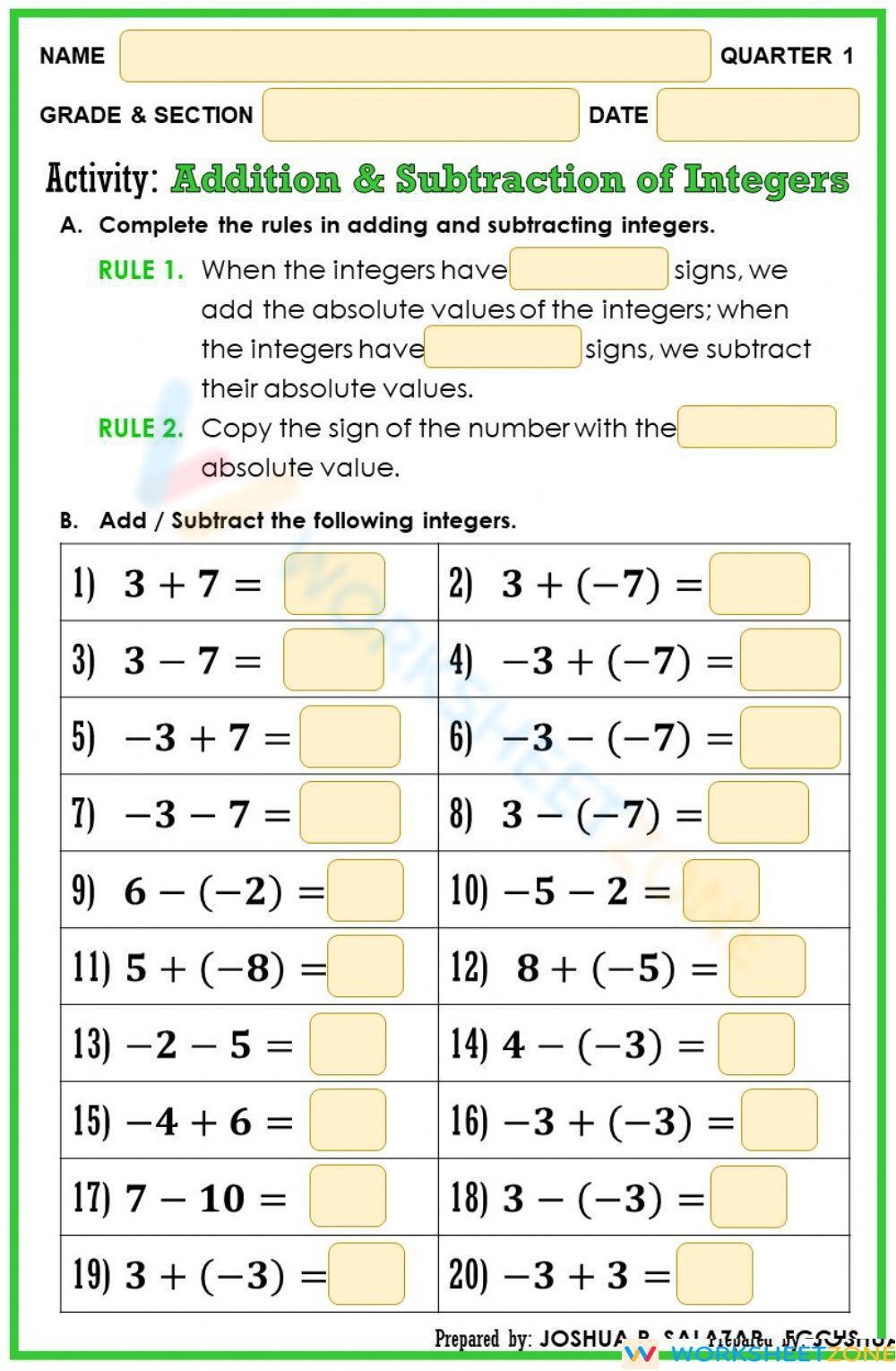 Addition And Subtraction Of Integers Worksheet