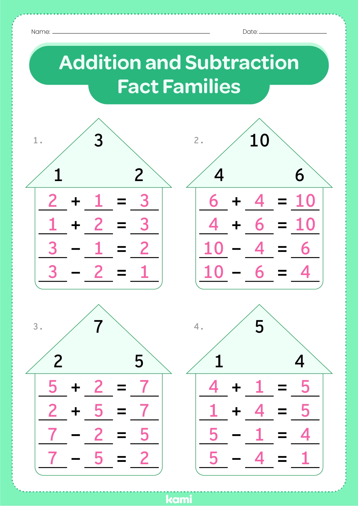 fact families worksheet