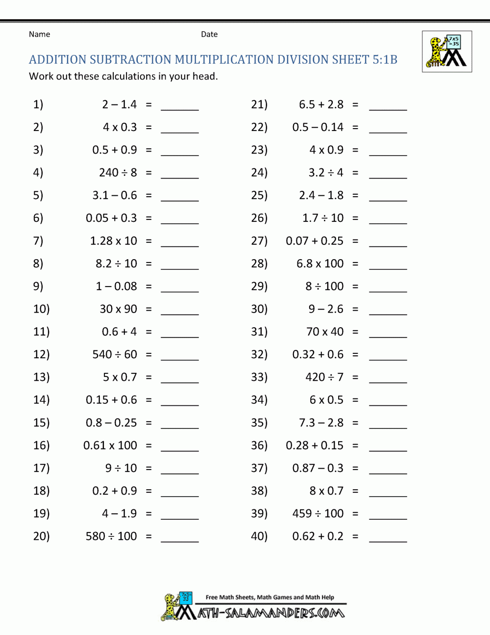 Addition Subtraction Multiplication Division Worksheets With 